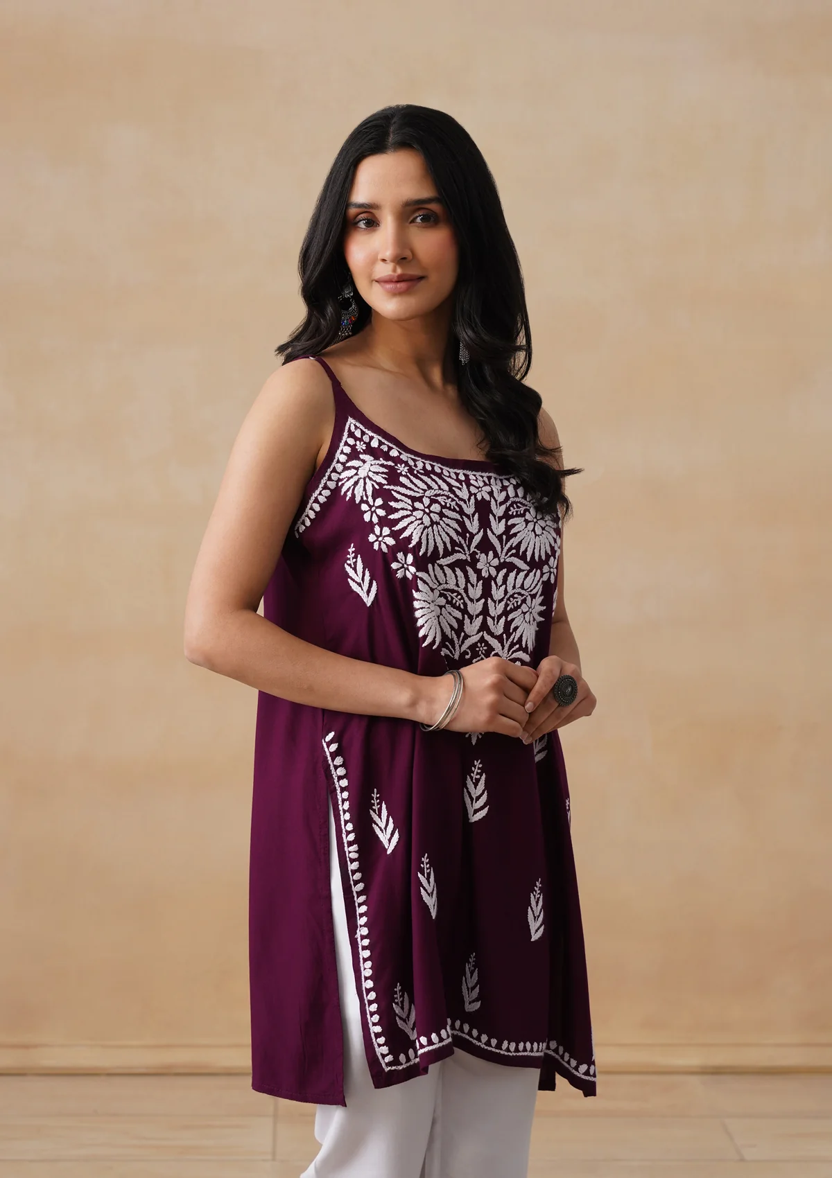 HOC Rayon Chikankari Solid Women's Short Kurta - Wine - Image 5