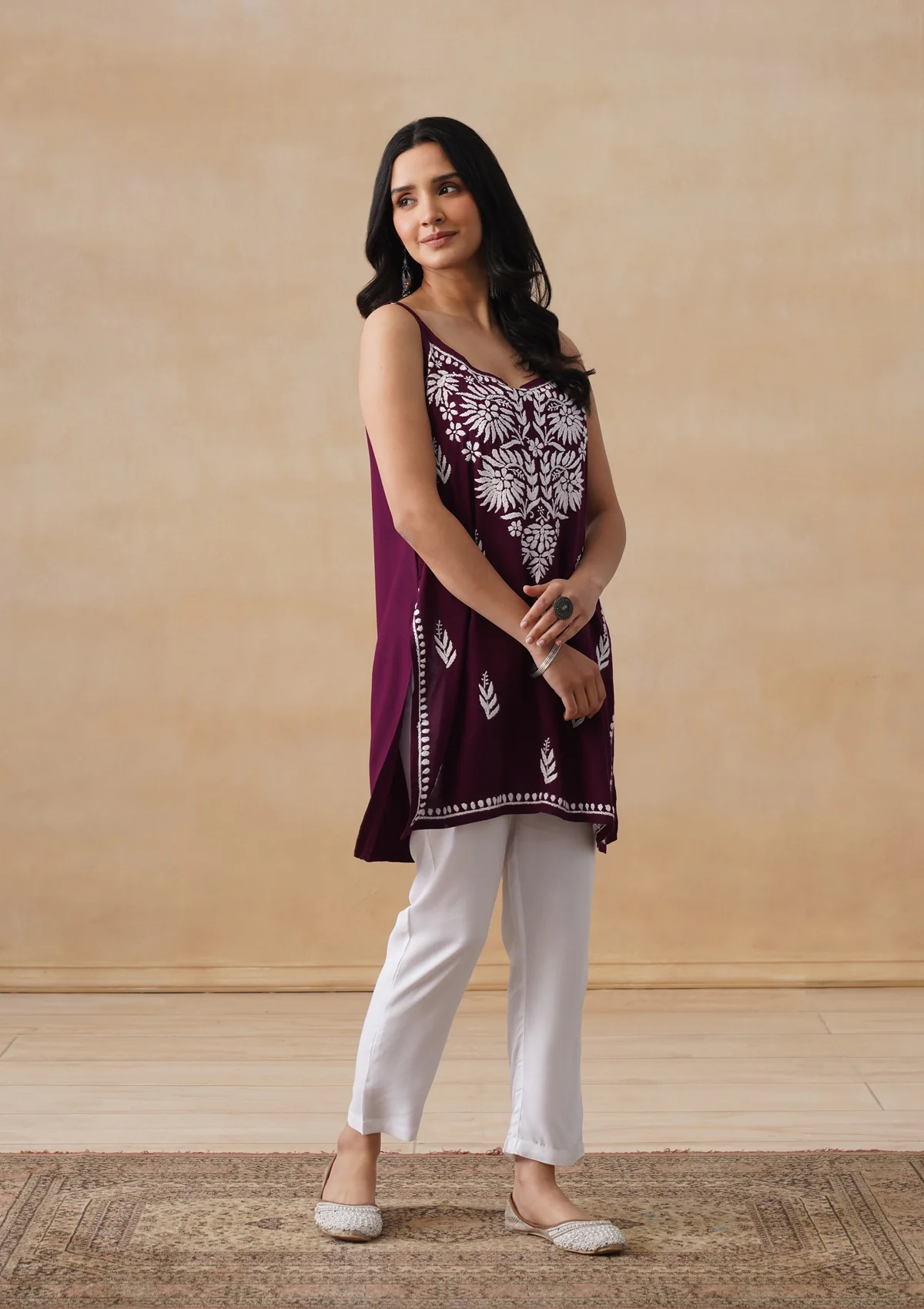 HOC Rayon Chikankari Solid Women's Short Kurta - Wine - Image 8