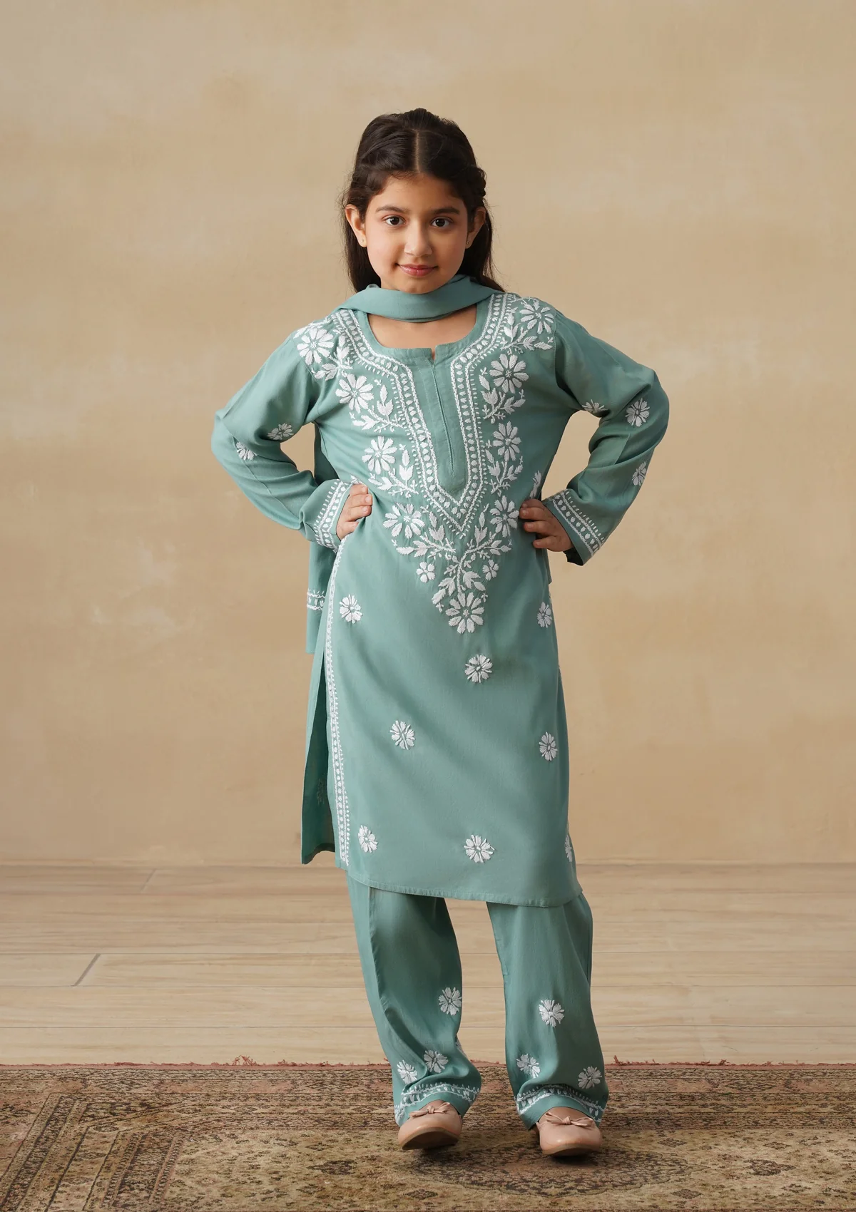 HOC Rayon Chikankari Solid Girls 3 PC Long Kurta Set - Sage Green