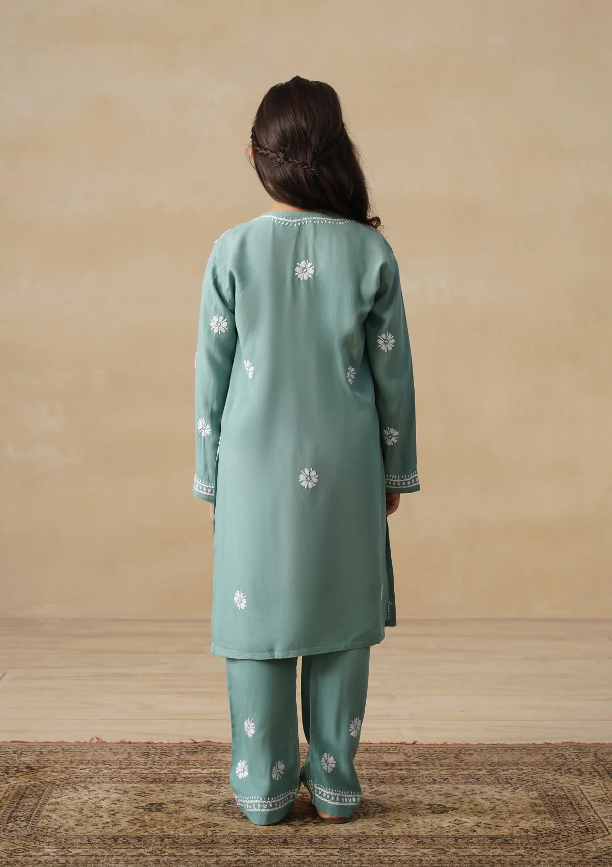 HOC Rayon Chikankari Solid Girls 3 PC Long Kurta Set - Sage Green - Image 10