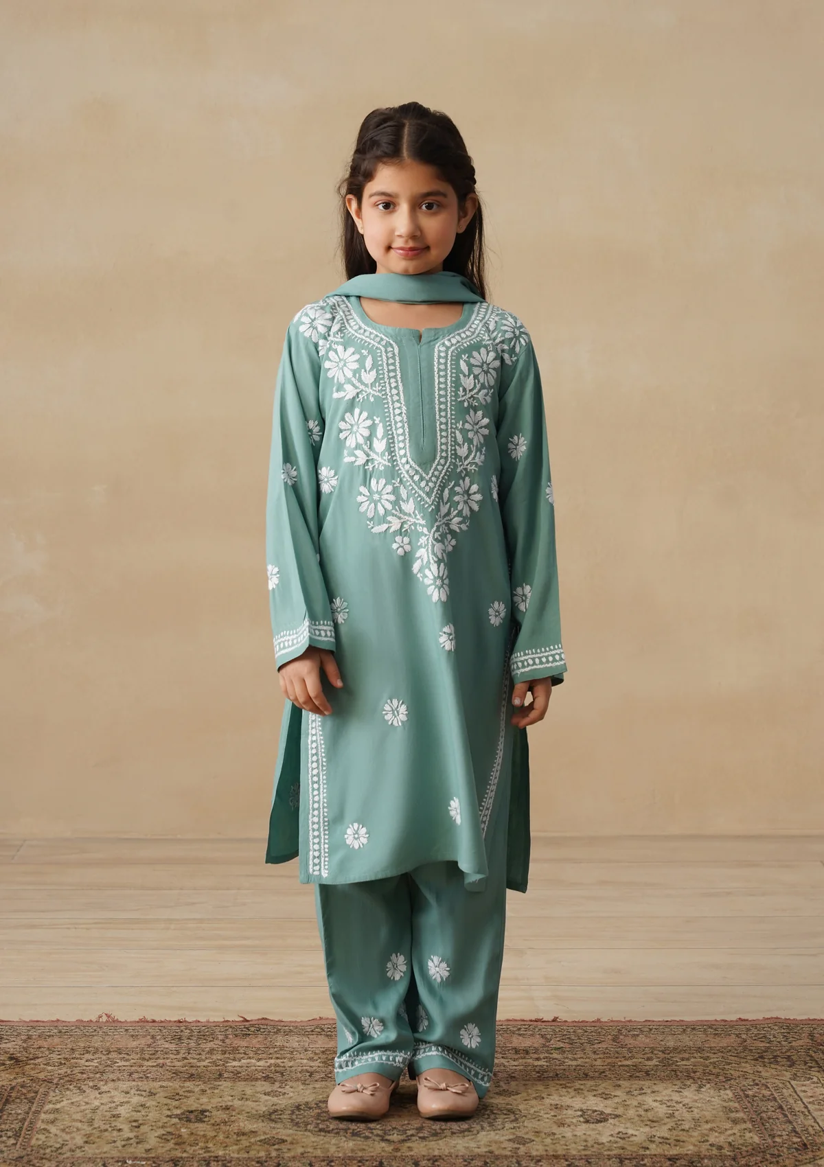 HOC Rayon Chikankari Solid Girls 3 PC Long Kurta Set - Sage Green - Image 2