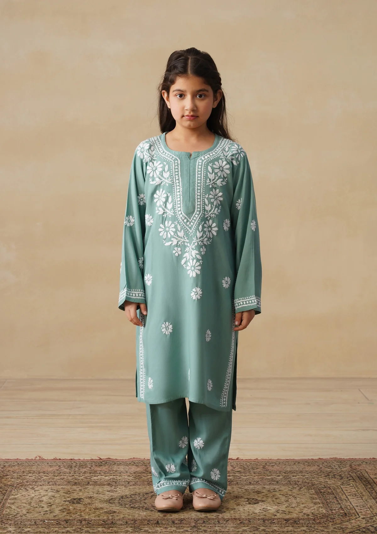 HOC Rayon Chikankari Solid Girls 3 PC Long Kurta Set - Sage Green - Image 3