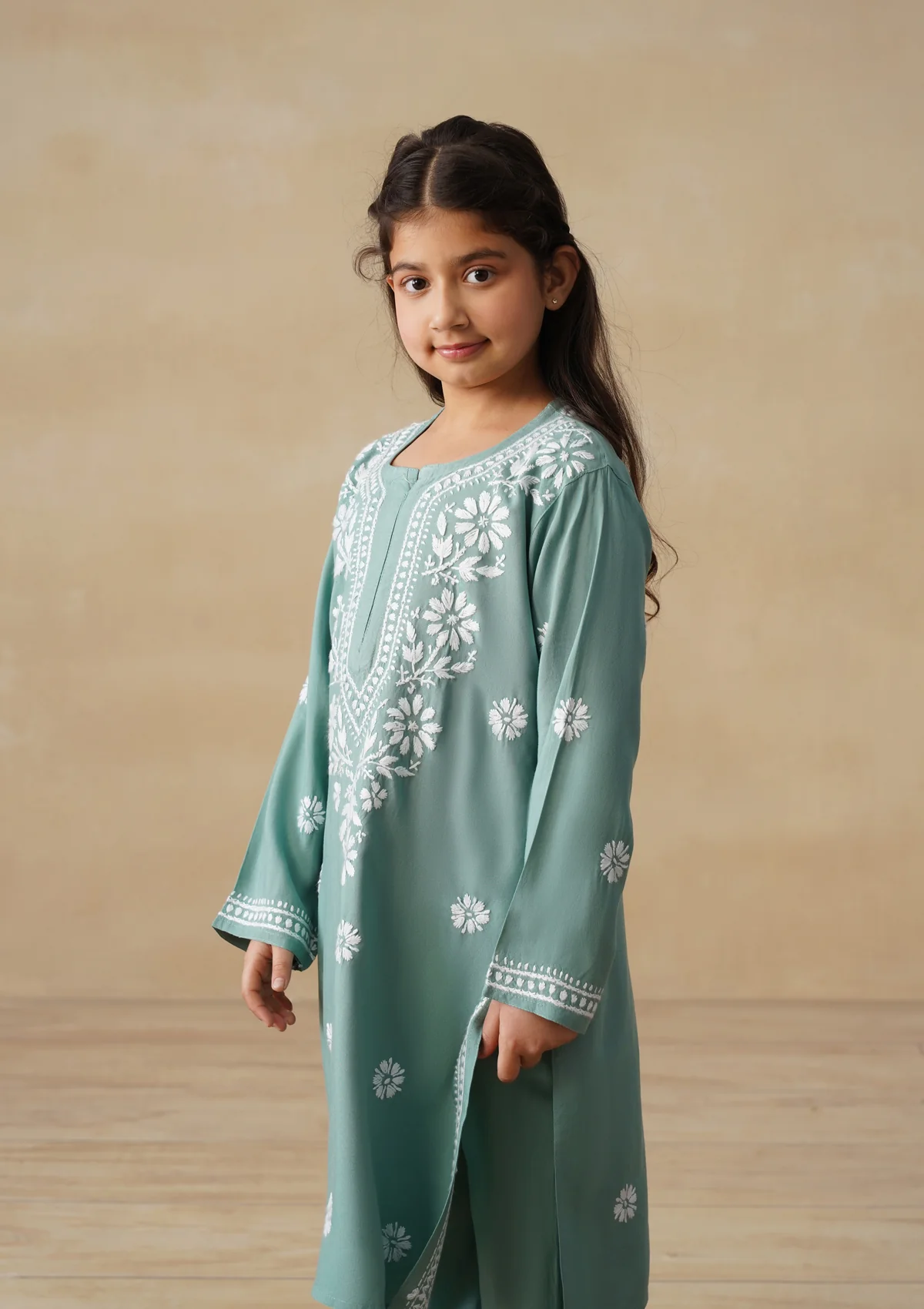 HOC Rayon Chikankari Solid Girls 3 PC Long Kurta Set - Sage Green - Image 8