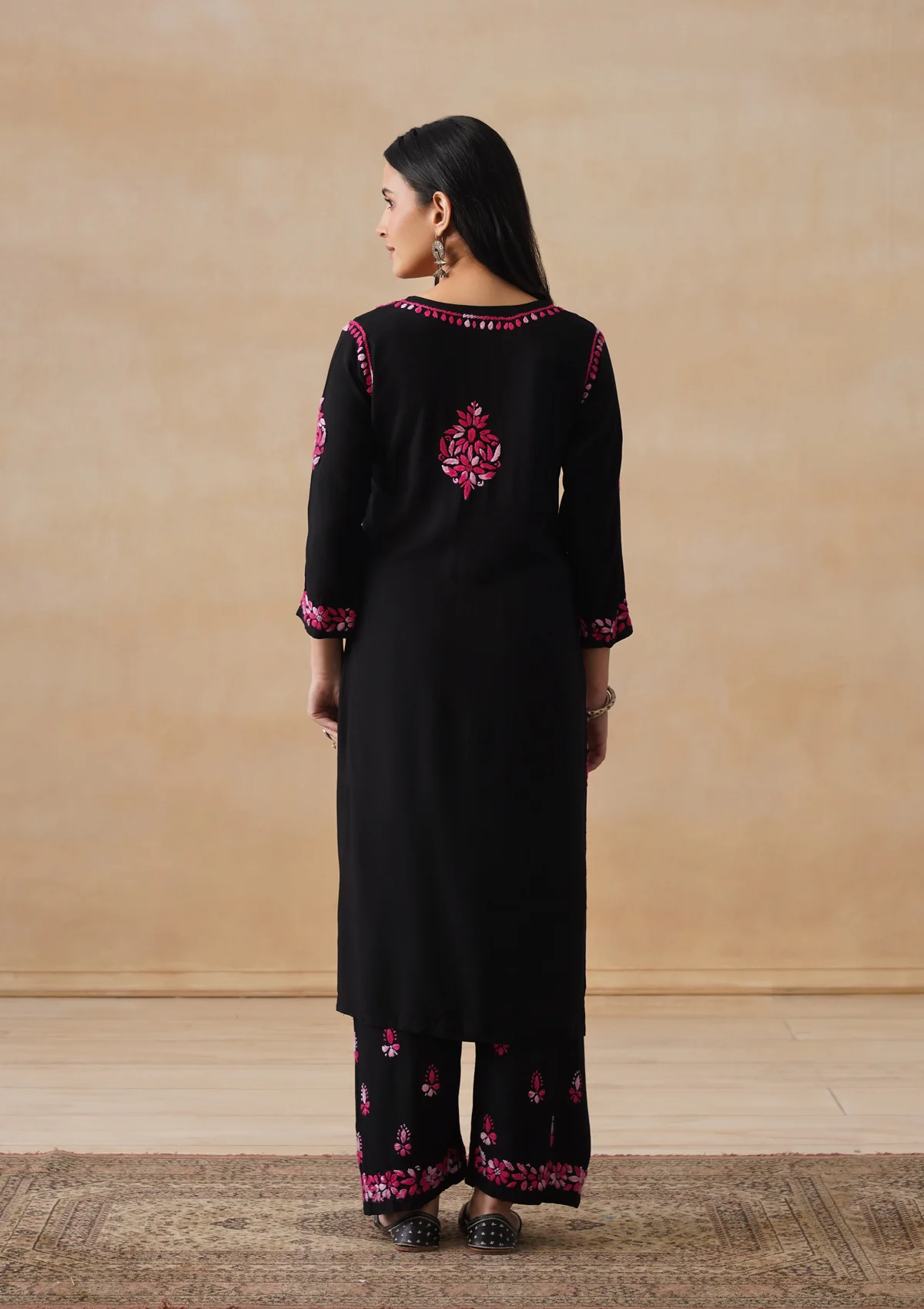 HOC Rayon Chikankari Solid Women's 2 PC Long Kurta Set - Black - Image 10