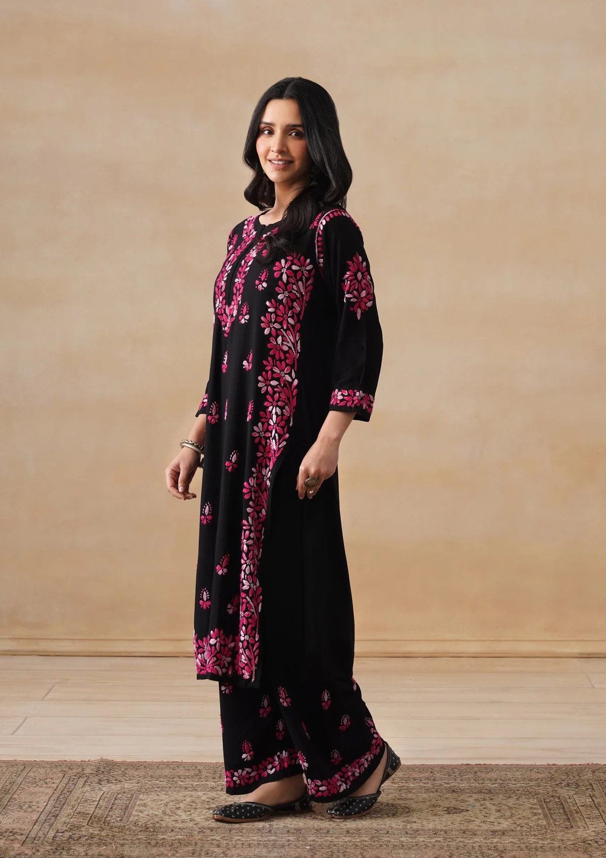 HOC Rayon Chikankari Solid Women's 2 PC Long Kurta Set - Black - Image 2