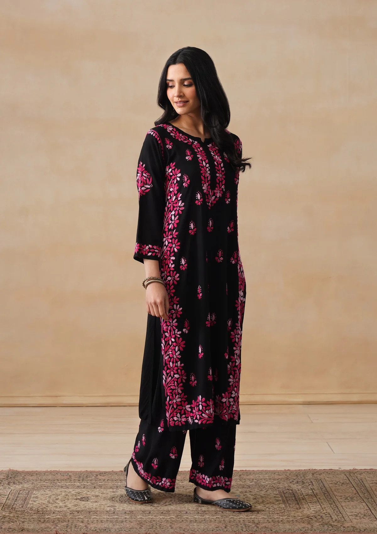 HOC Rayon Chikankari Solid Women's 2 PC Long Kurta Set - Black - Image 3