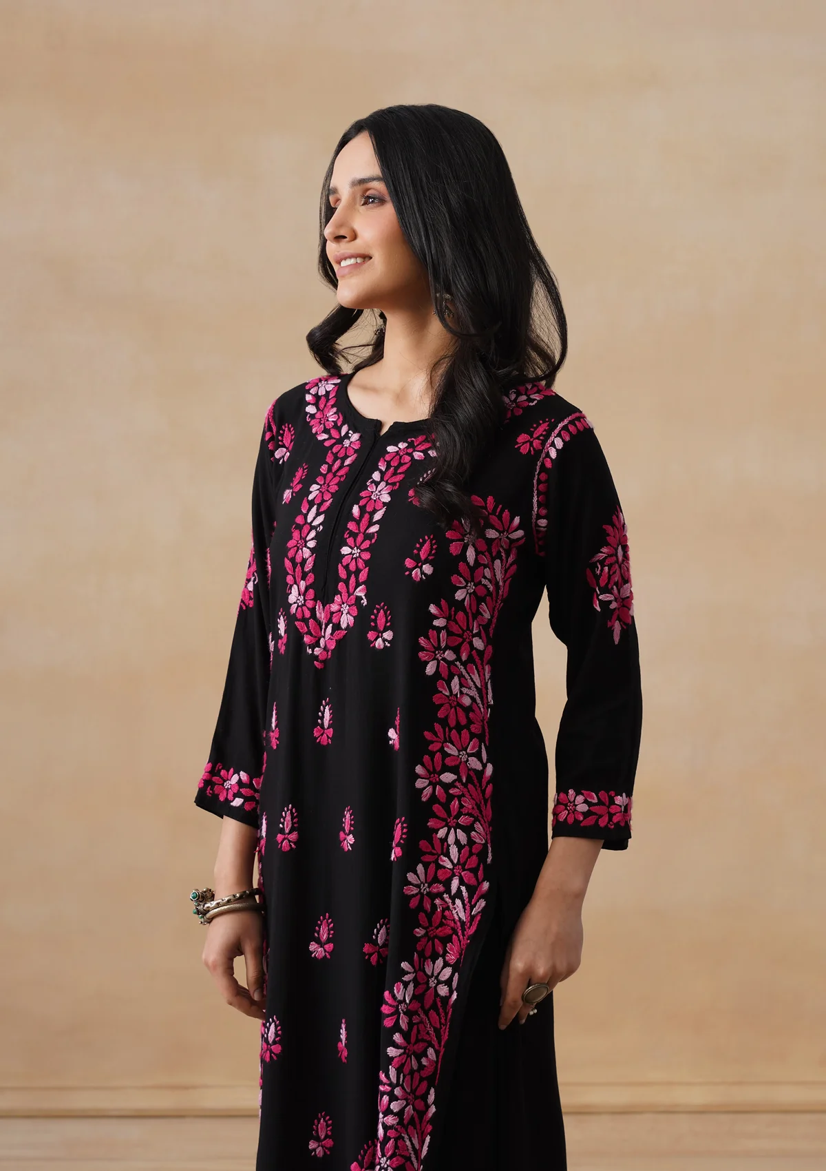 HOC Rayon Chikankari Solid Women's 2 PC Long Kurta Set - Black - Image 6