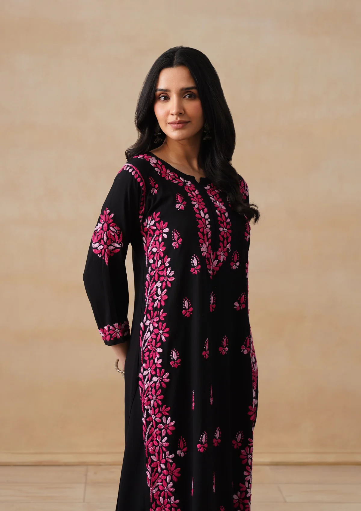 HOC Rayon Chikankari Solid Women's 2 PC Long Kurta Set - Black - Image 7