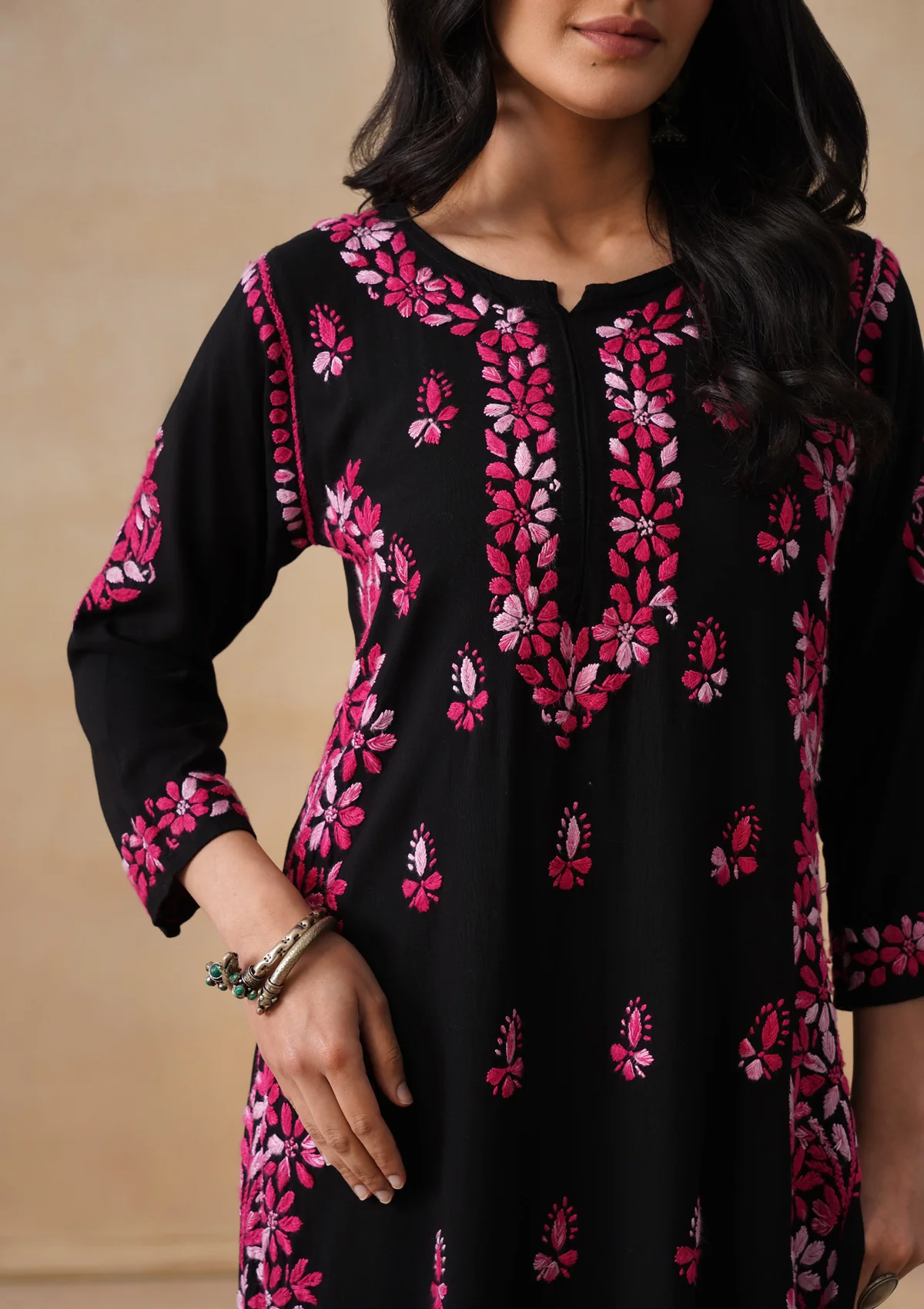 HOC Rayon Chikankari Solid Women's 2 PC Long Kurta Set - Black - Image 8