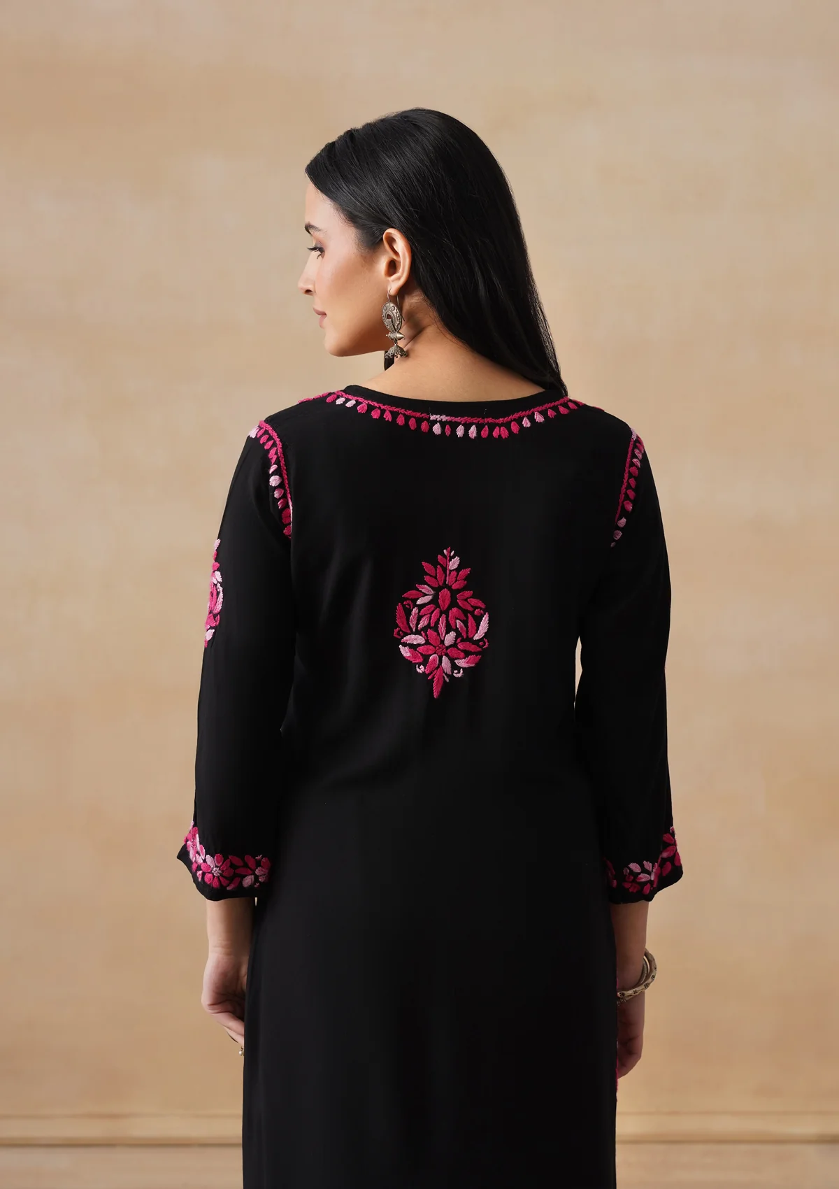 HOC Rayon Chikankari Solid Women's 2 PC Long Kurta Set - Black - Image 9