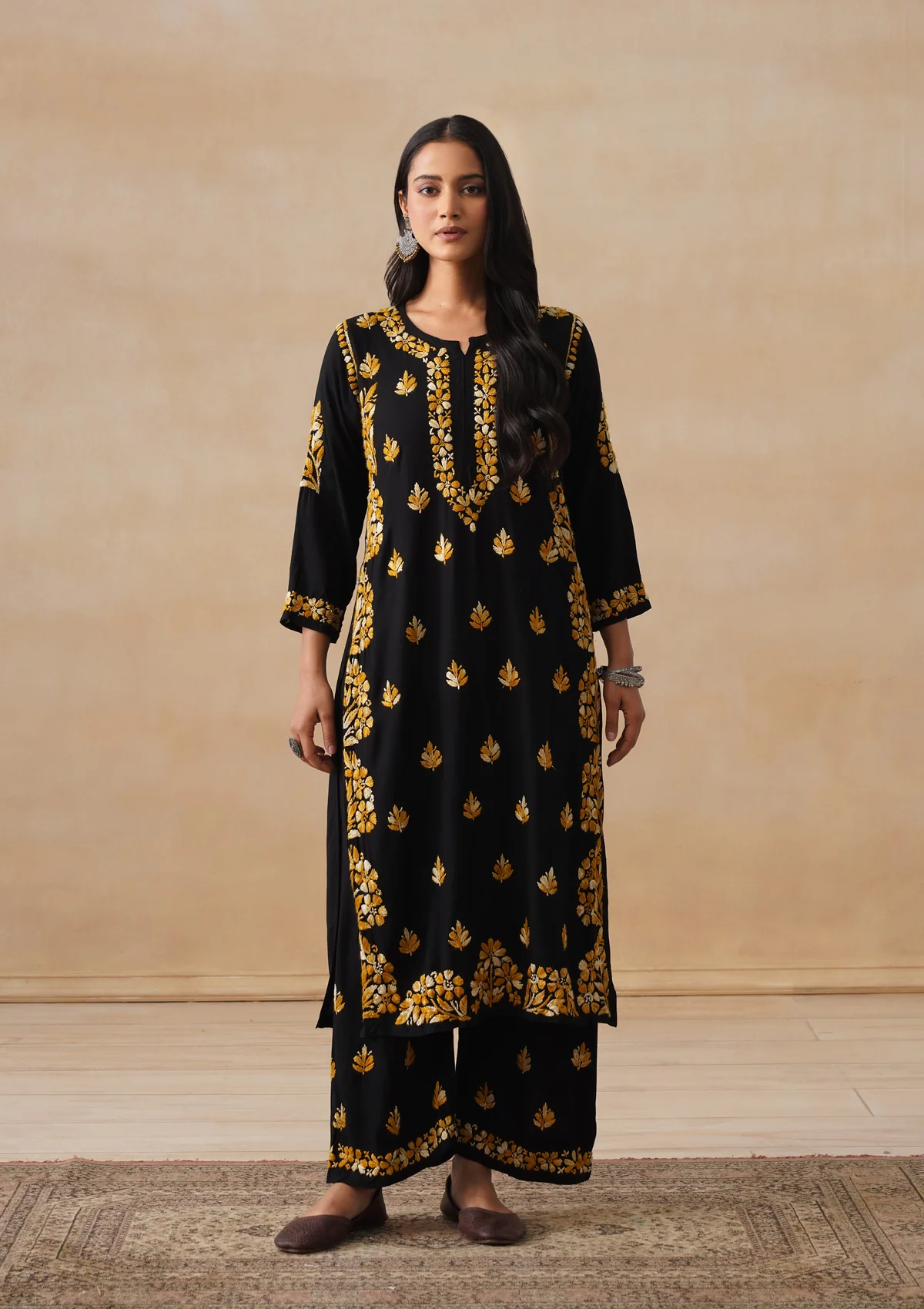 HOC Rayon Chikankari Solid Women's 2 PC Long Kurta Set - Black