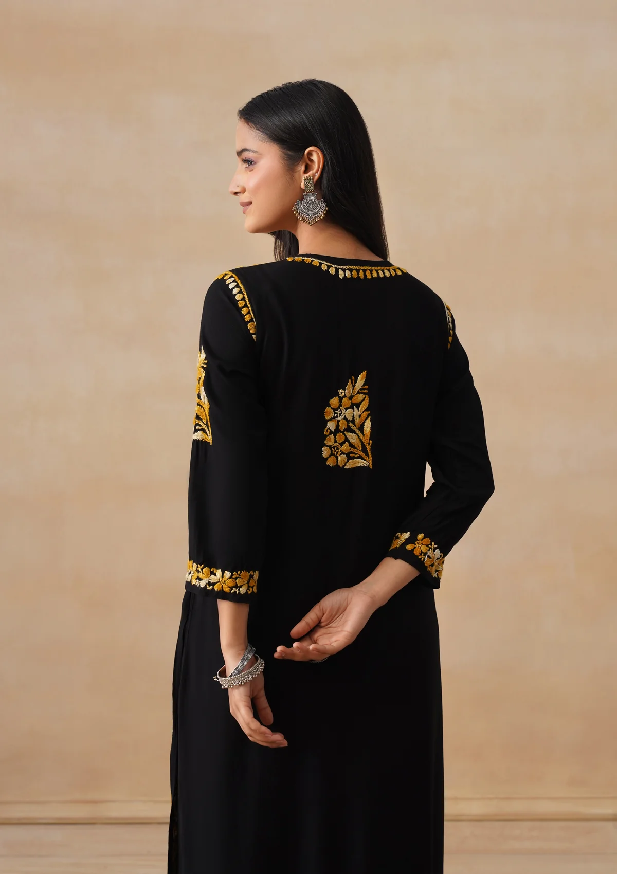 HOC Rayon Chikankari Solid Women's 2 PC Long Kurta Set - Black - Image 10