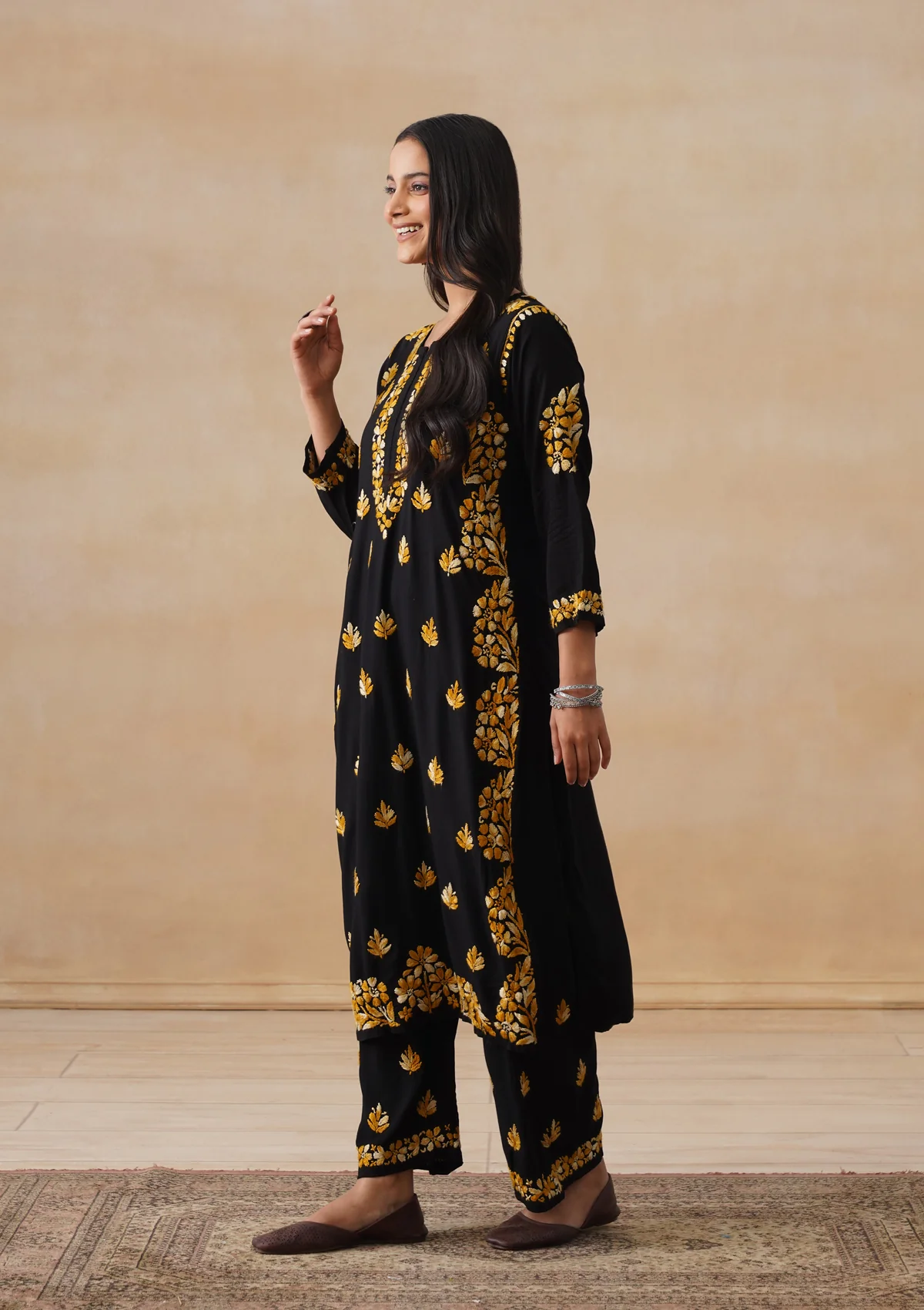 HOC Rayon Chikankari Solid Women's 2 PC Long Kurta Set - Black - Image 3