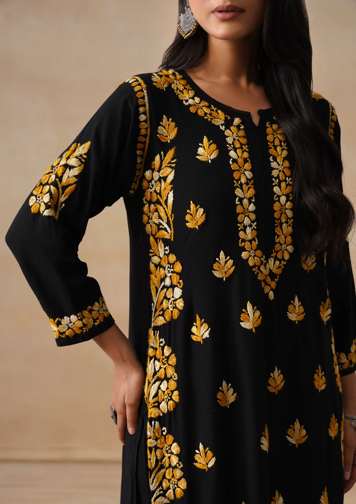 HOC Rayon Chikankari Solid Women's 2 PC Long Kurta Set - Black - Image 4