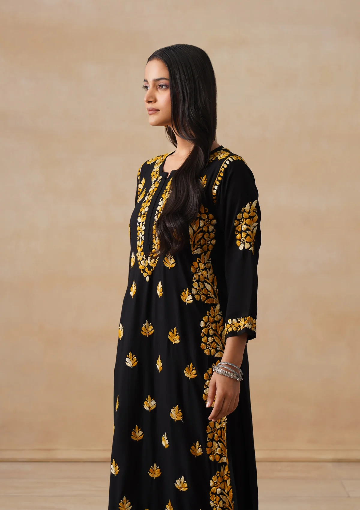HOC Rayon Chikankari Solid Women's 2 PC Long Kurta Set - Black - Image 7