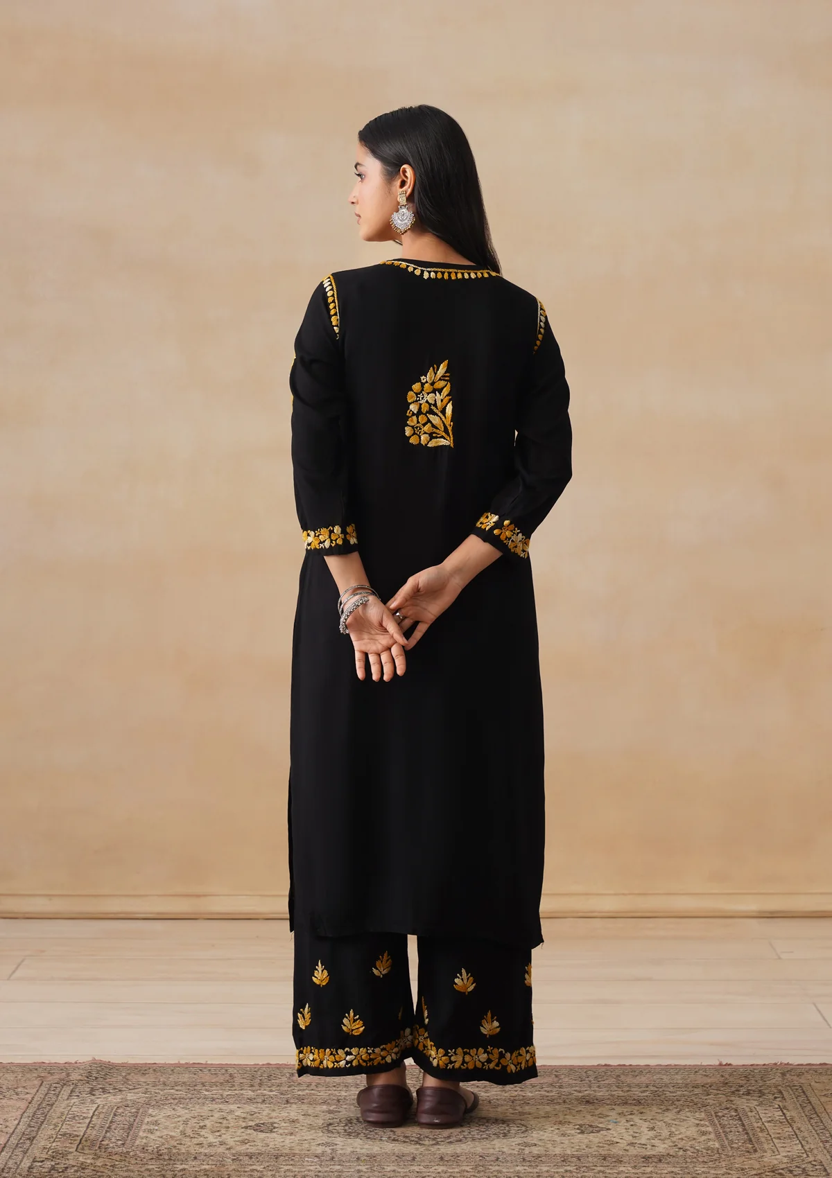 HOC Rayon Chikankari Solid Women's 2 PC Long Kurta Set - Black - Image 9