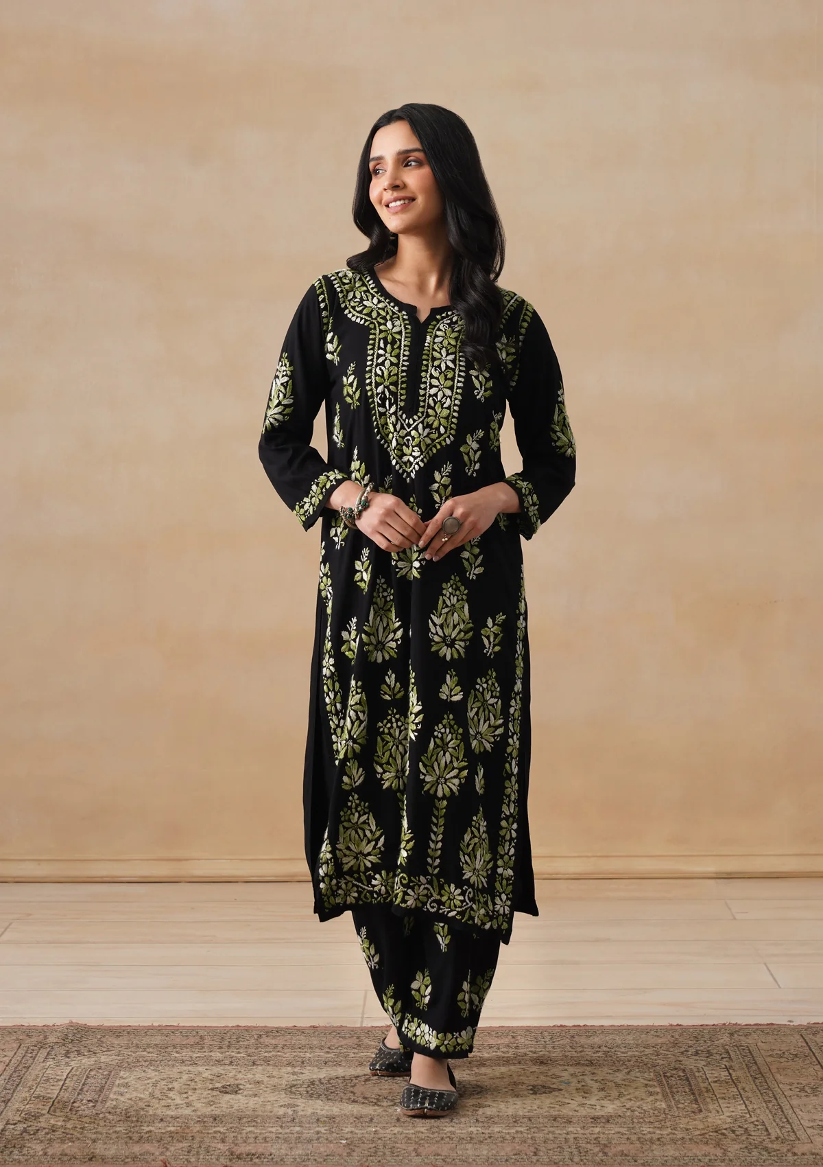 HOC Rayon Chikankari Solid Women's 2 PC Long Kurta Set - Black