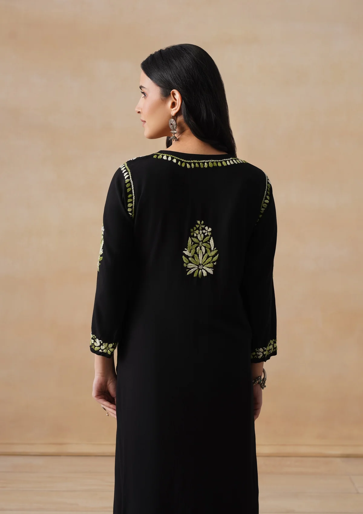 HOC Rayon Chikankari Solid Women's 2 PC Long Kurta Set - Black - Image 10