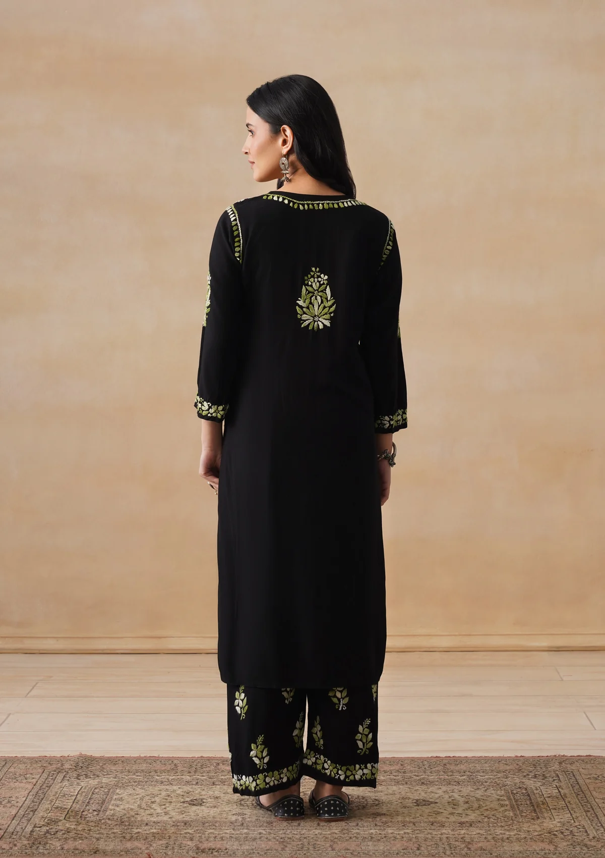 HOC Rayon Chikankari Solid Women's 2 PC Long Kurta Set - Black - Image 11