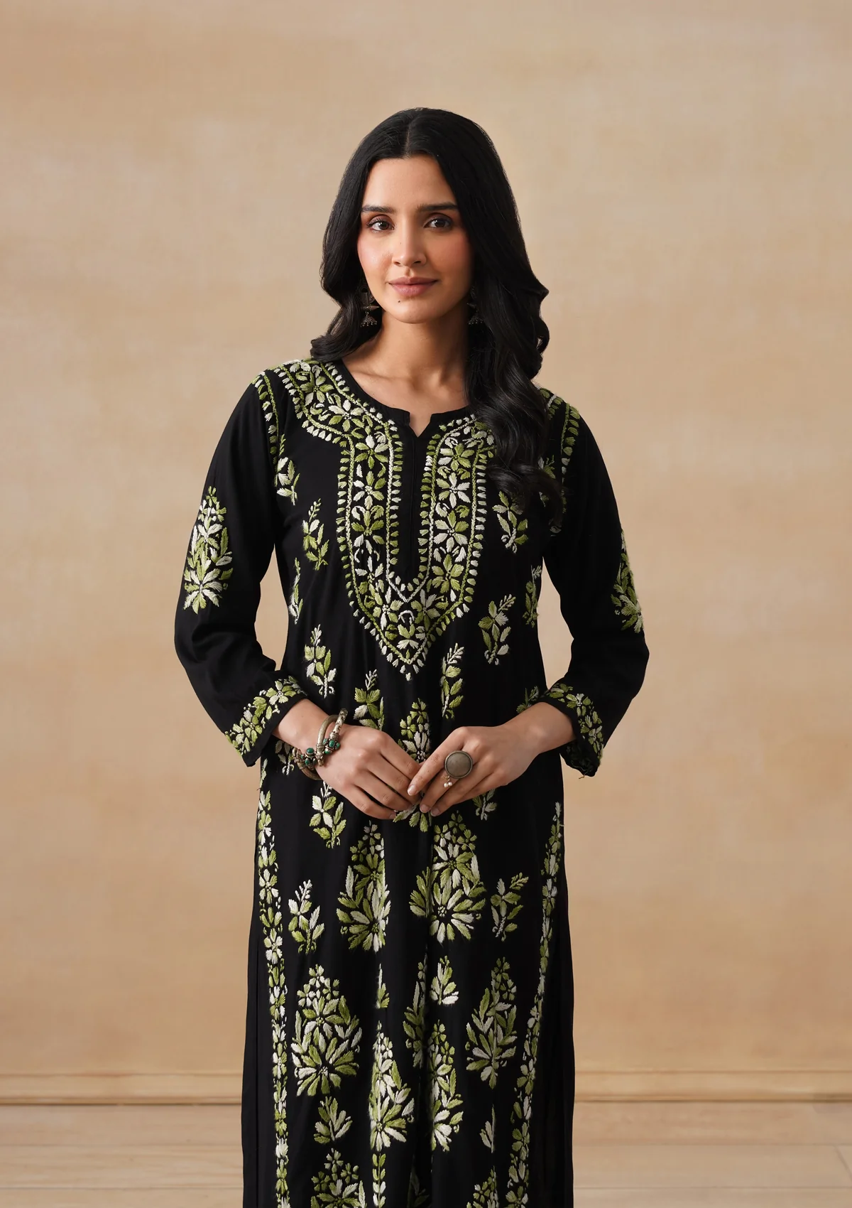 HOC Rayon Chikankari Solid Women's 2 PC Long Kurta Set - Black - Image 2