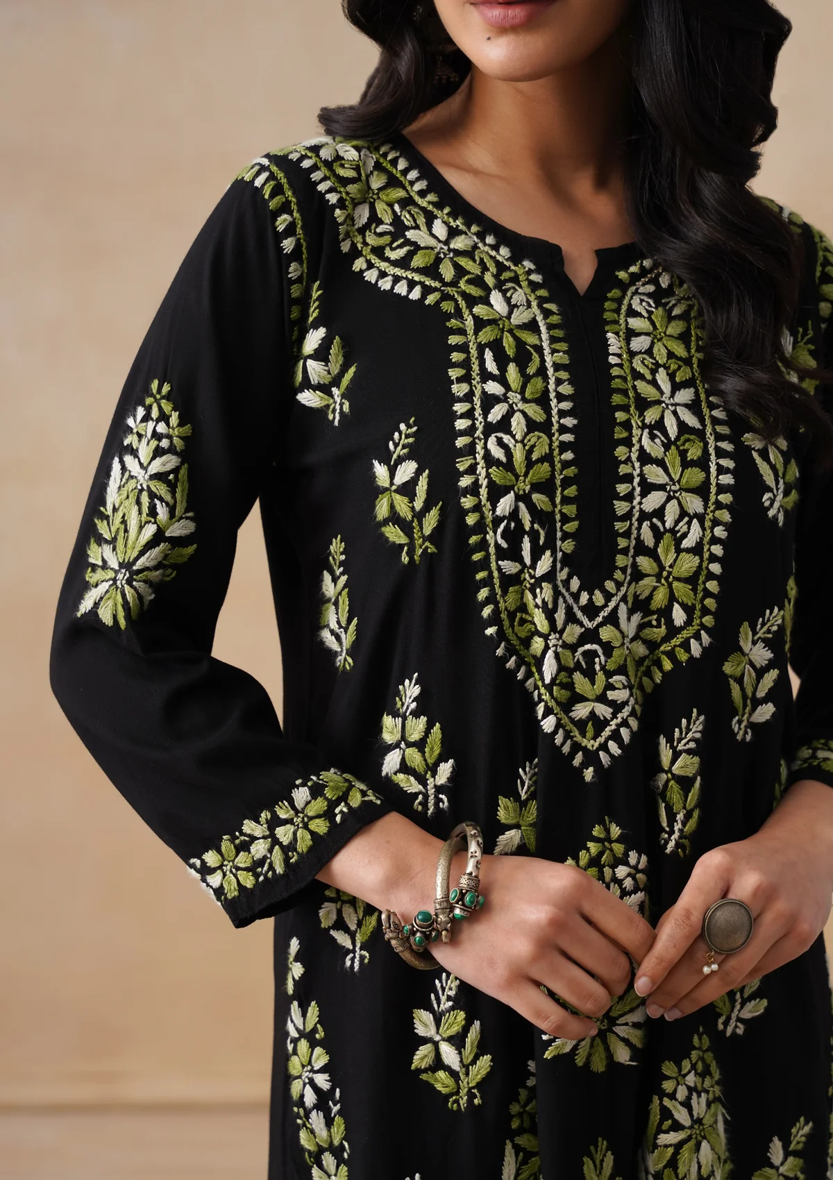 HOC Rayon Chikankari Solid Women's 2 PC Long Kurta Set - Black - Image 4