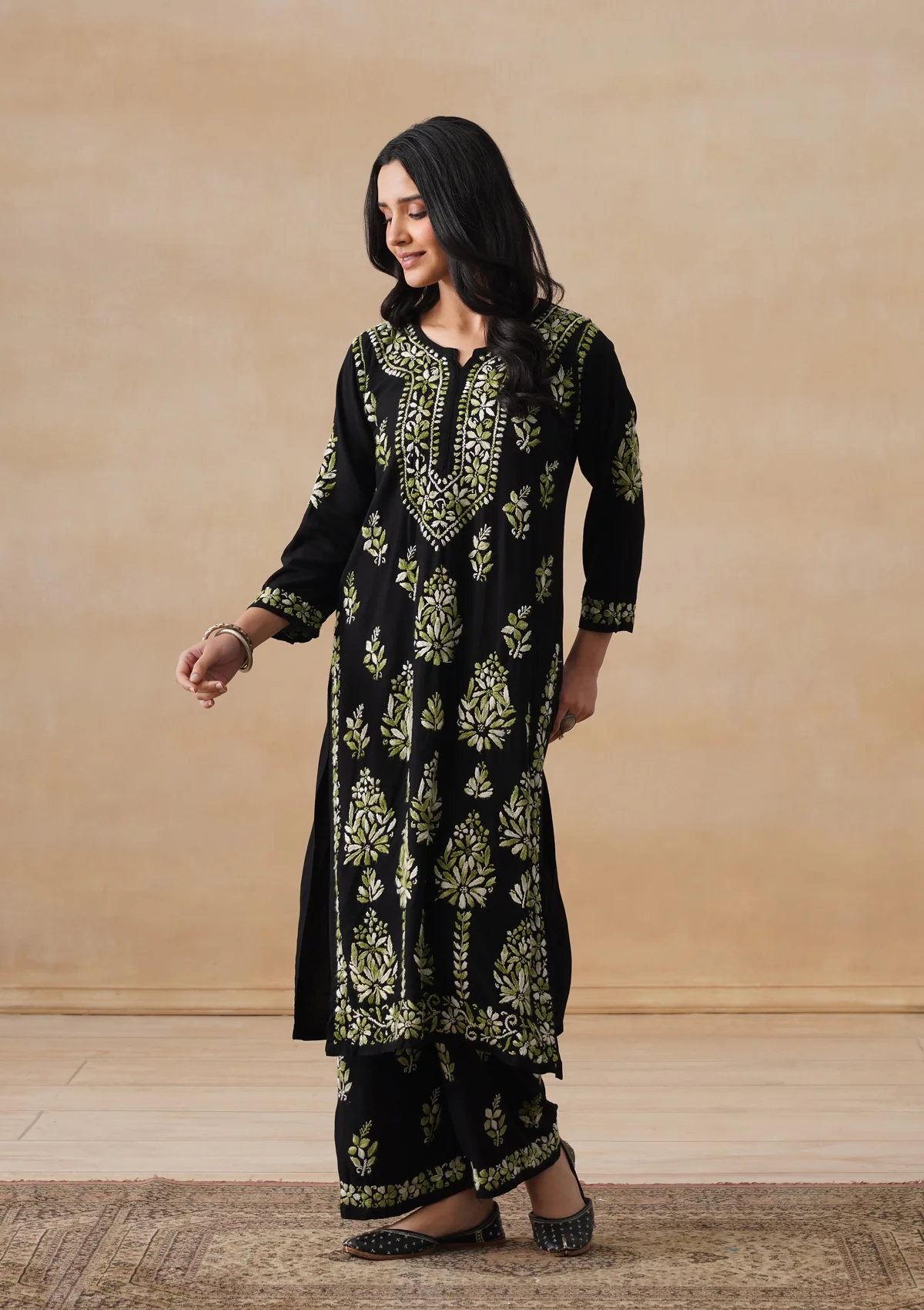 HOC Rayon Chikankari Solid Women's 2 PC Long Kurta Set - Black - Image 5