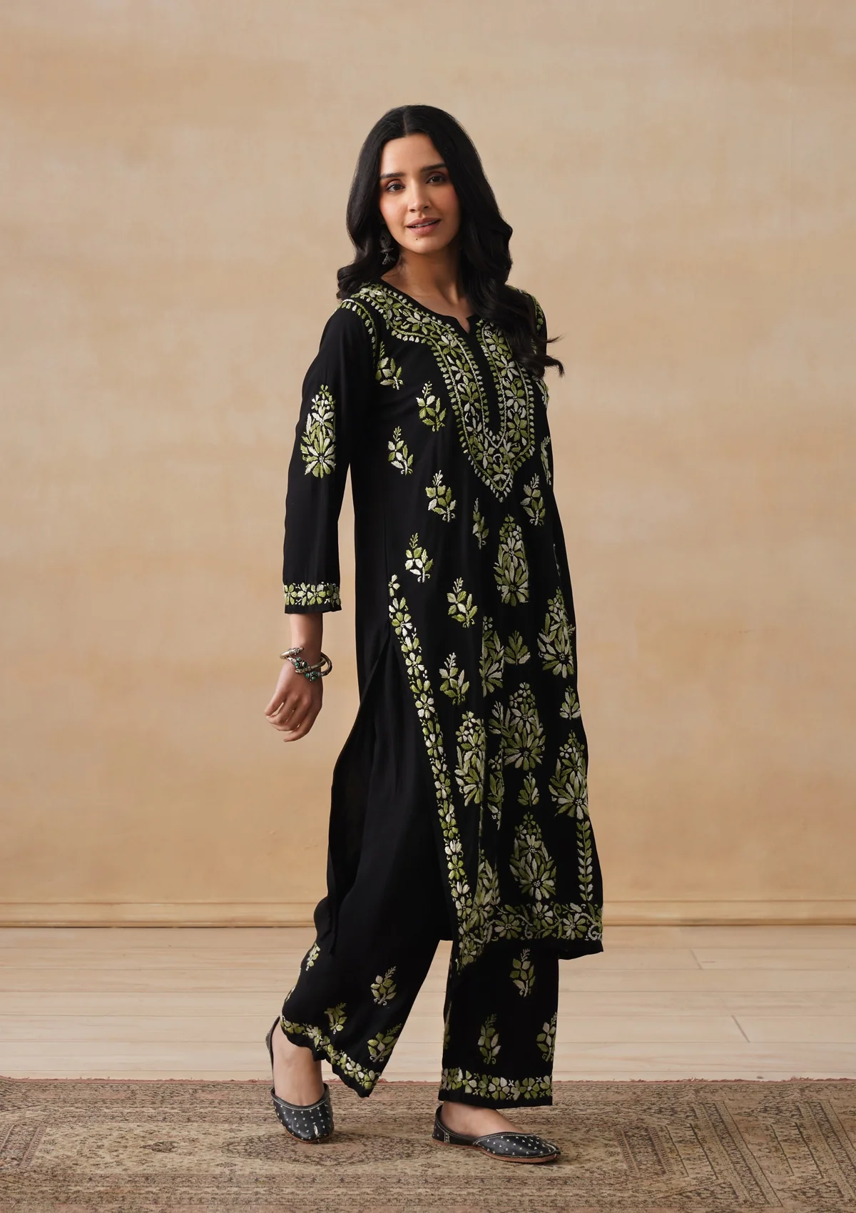 HOC Rayon Chikankari Solid Women's 2 PC Long Kurta Set - Black - Image 6