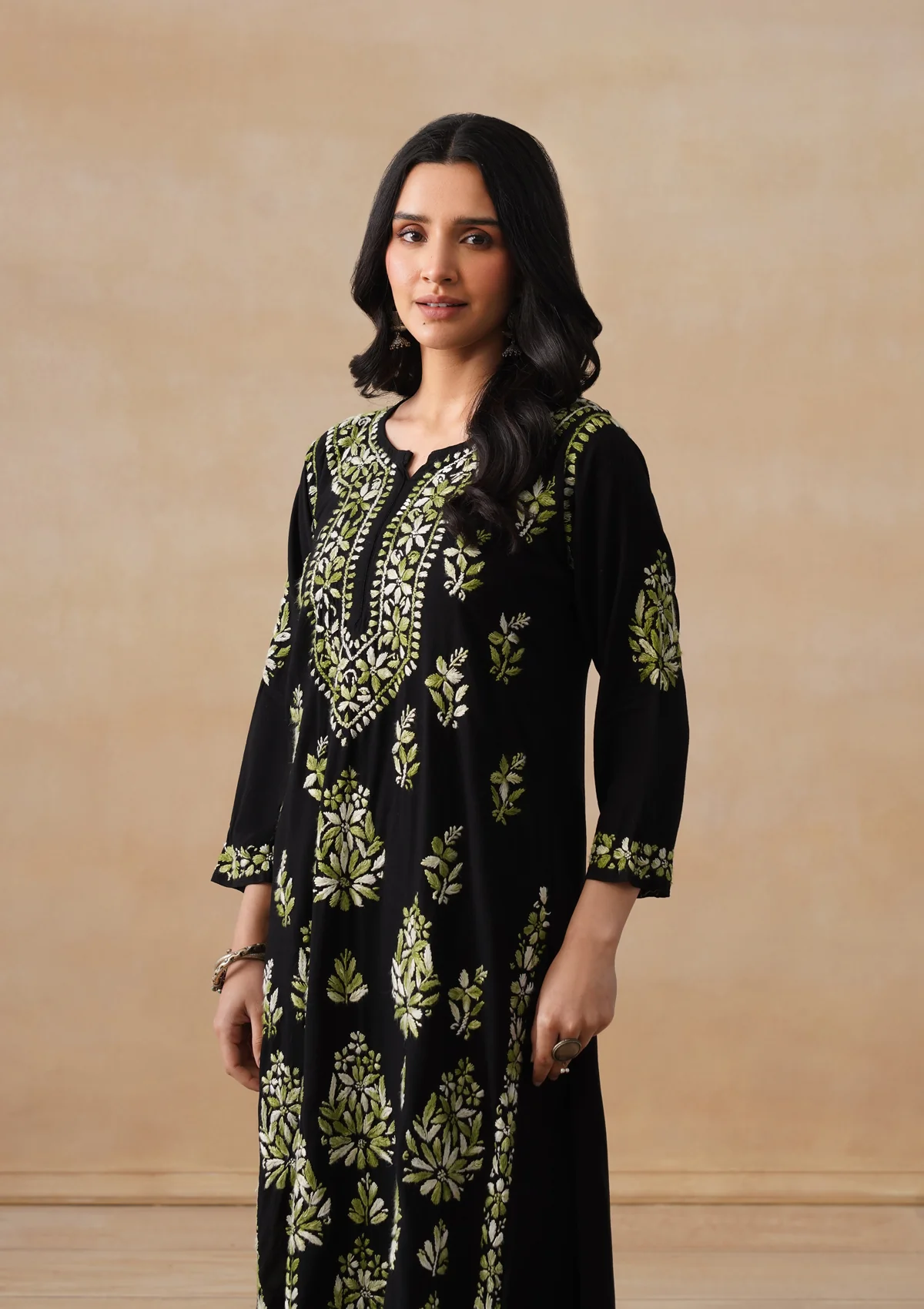HOC Rayon Chikankari Solid Women's 2 PC Long Kurta Set - Black - Image 8