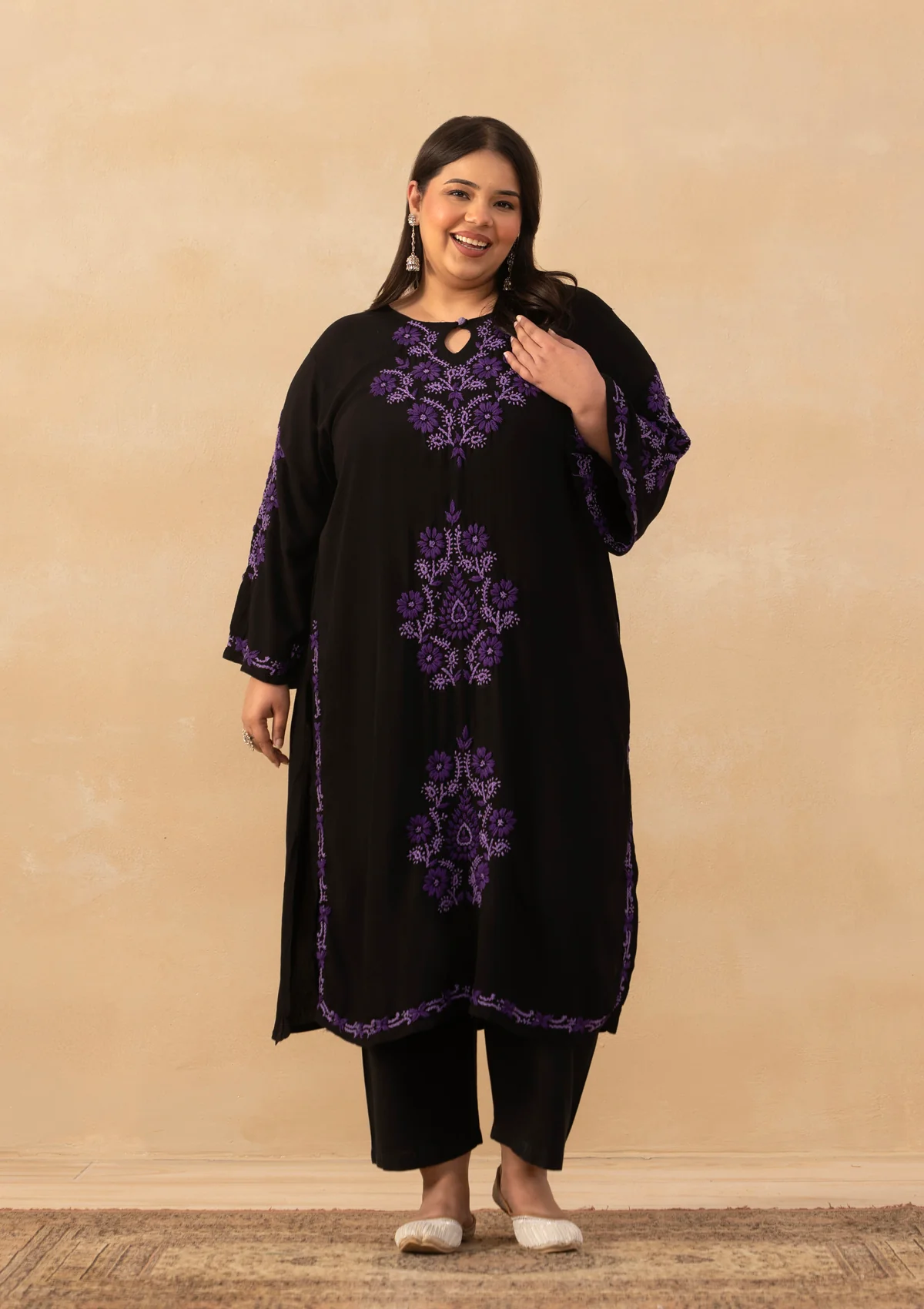 HOC Rayon Chikankari Solid Women's Long Kurta - Black