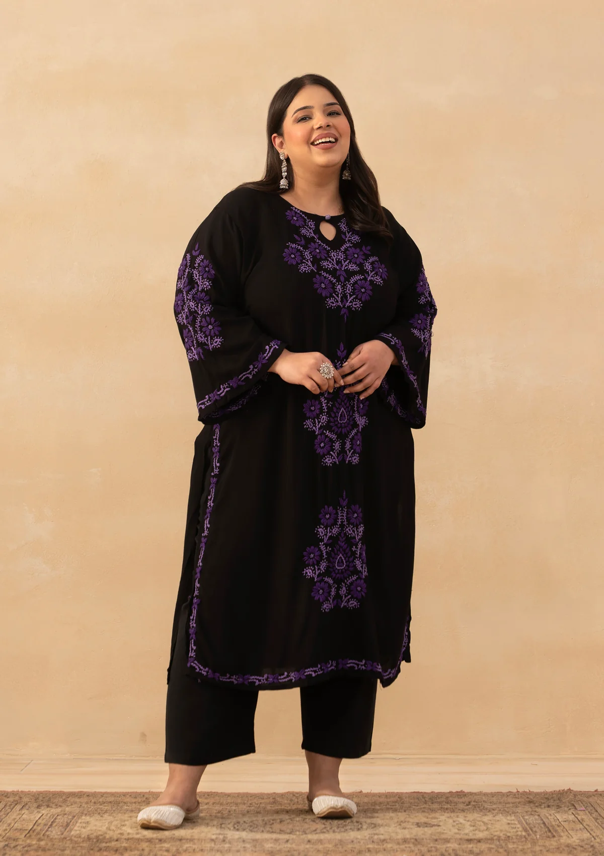 HOC Rayon Chikankari Solid Women's Long Kurta - Black - Image 4