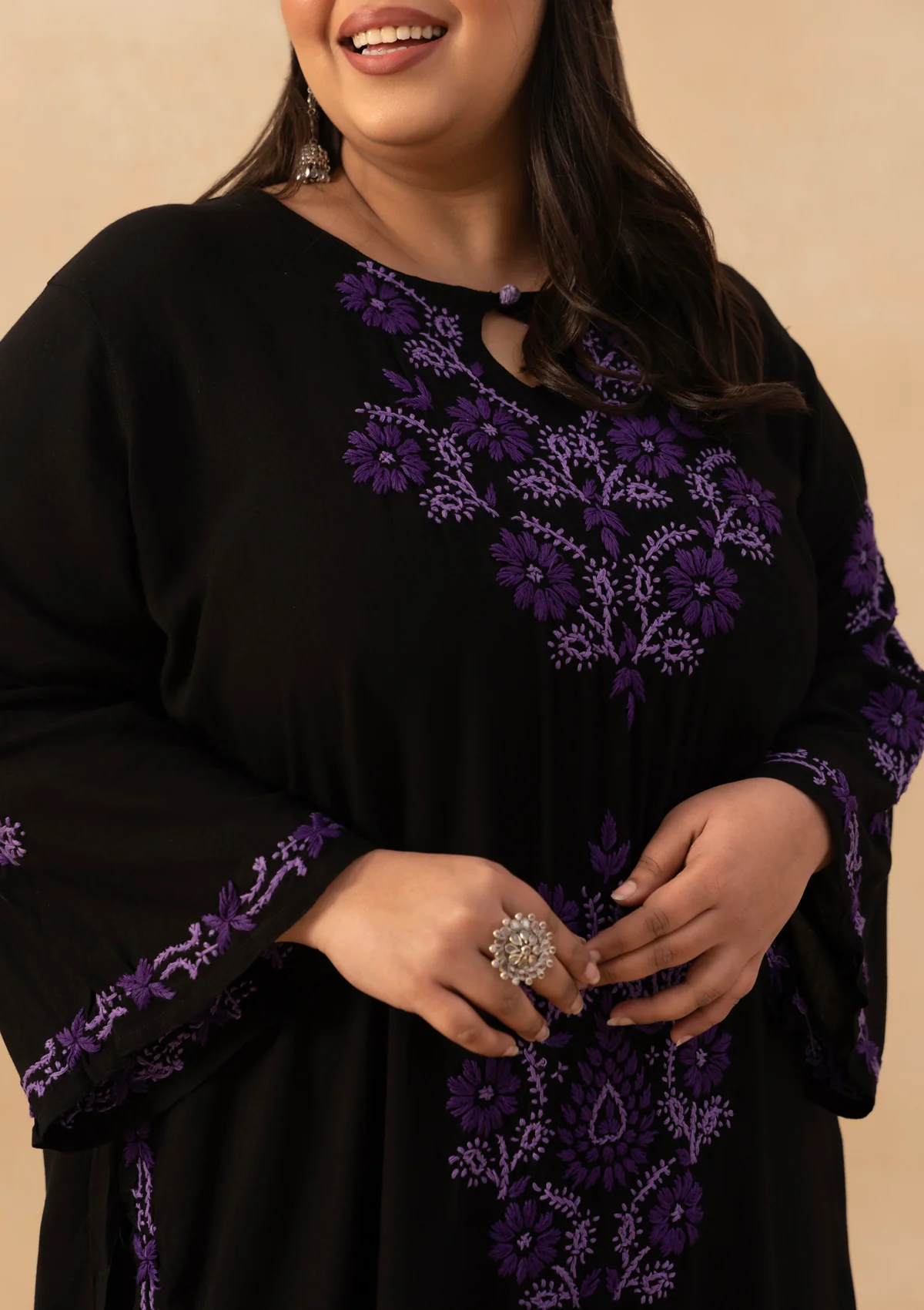 HOC Rayon Chikankari Solid Women's Long Kurta - Black - Image 5