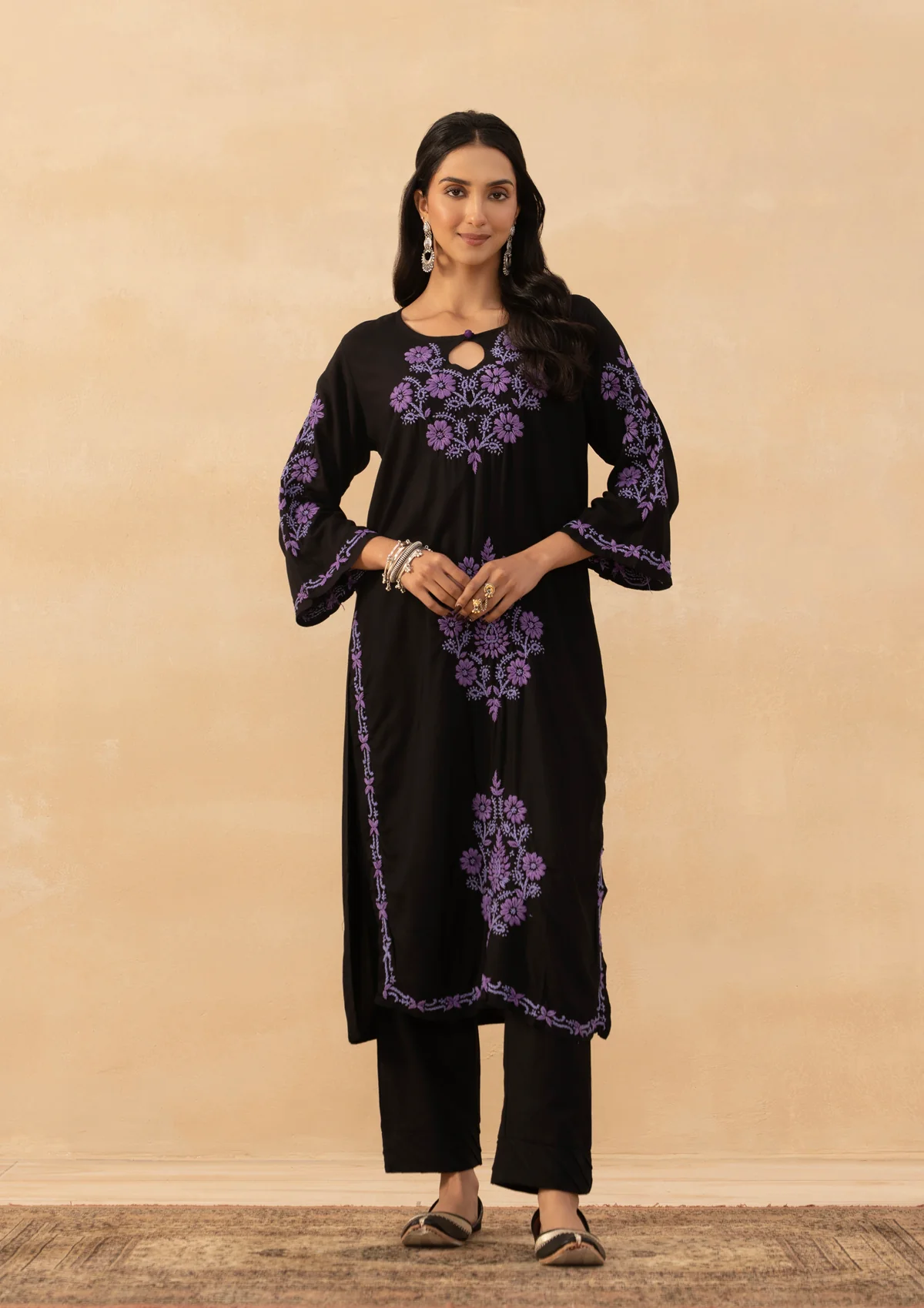 HOC Rayon Chikankari Solid Women's Long Kurta - Black
