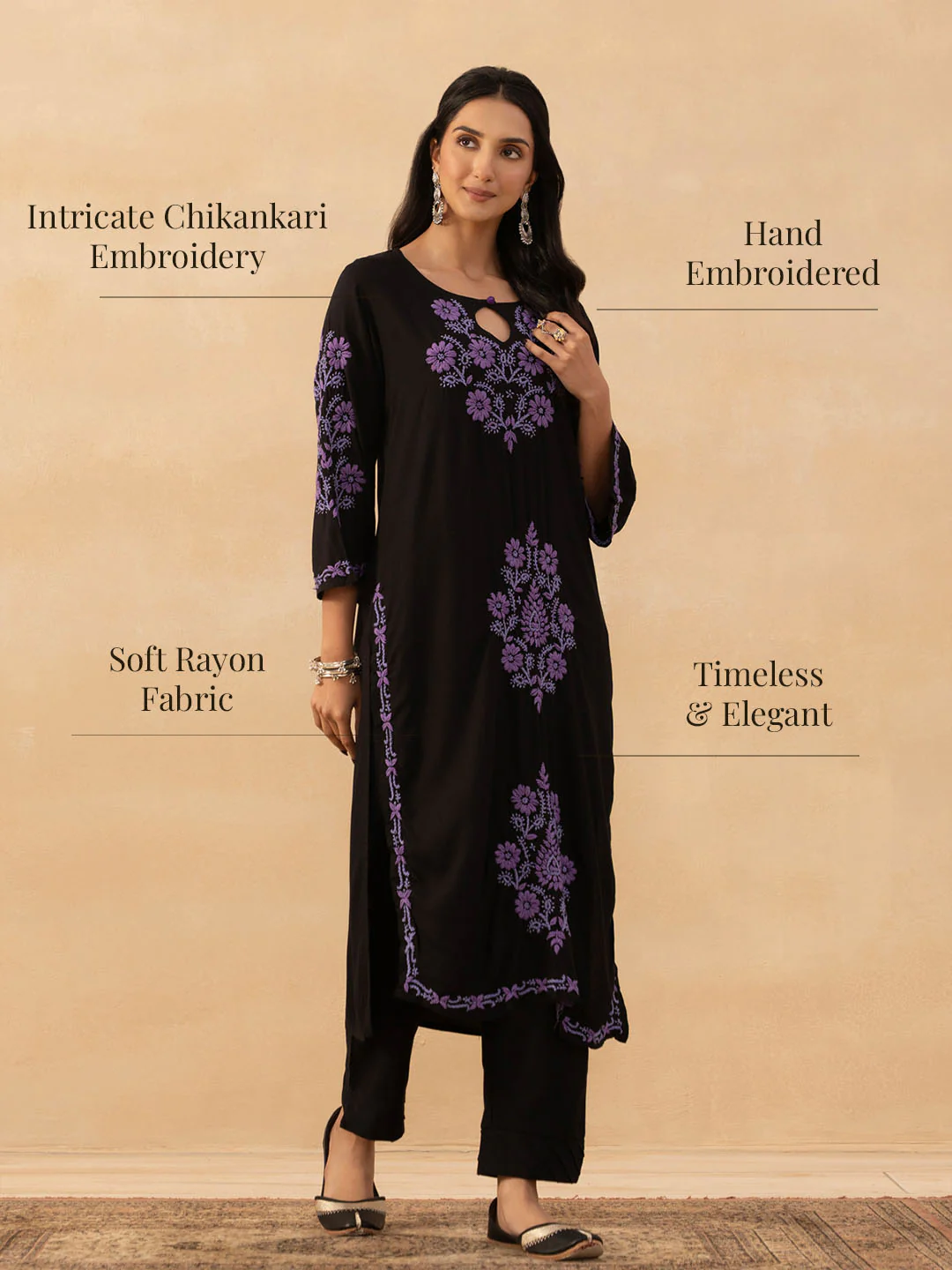 HOC Rayon Chikankari Solid Women's Long Kurta - Black - Image 7