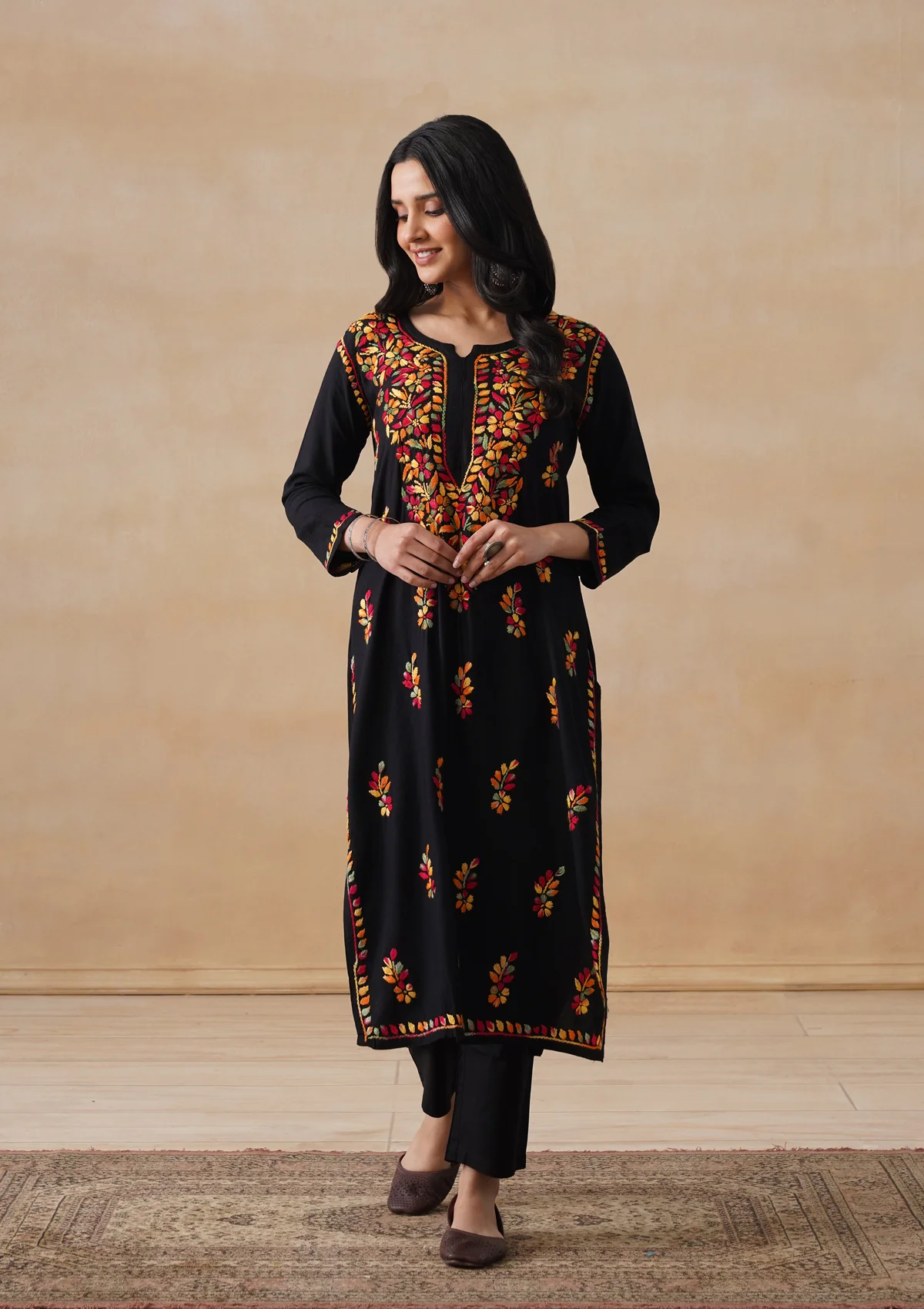 HOC Rayon Chikankari Solid Women's Long Kurta - Black