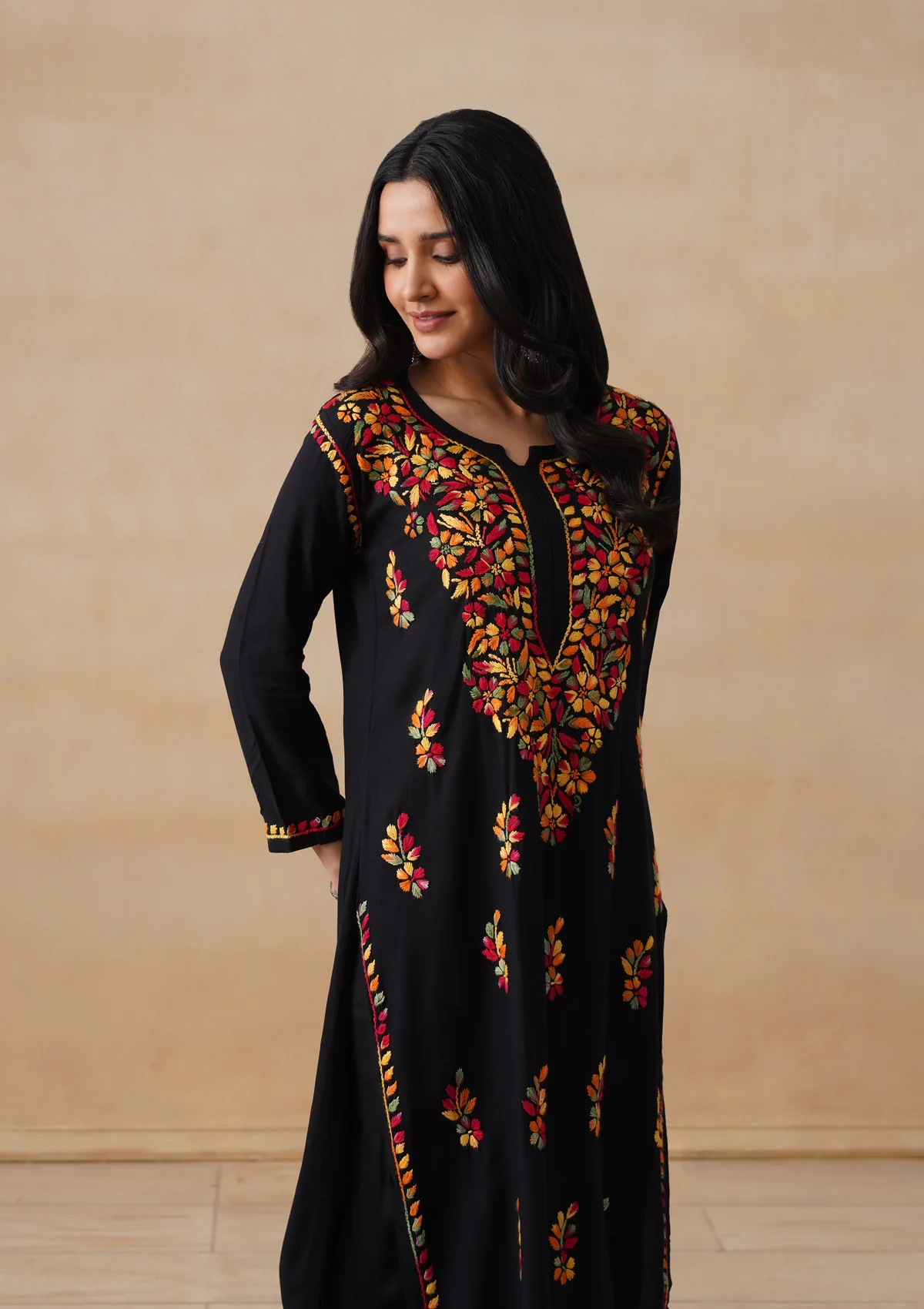 HOC Rayon Chikankari Solid Women's Long Kurta - Black - Image 10