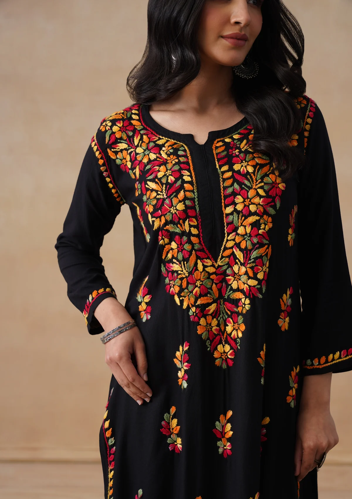 HOC Rayon Chikankari Solid Women's Long Kurta - Black - Image 3