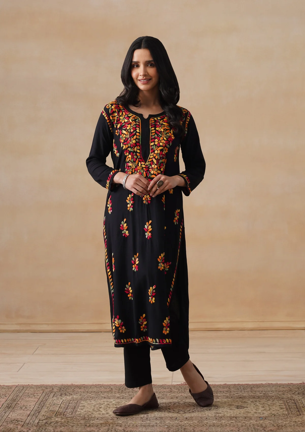 HOC Rayon Chikankari Solid Women's Long Kurta - Black - Image 5