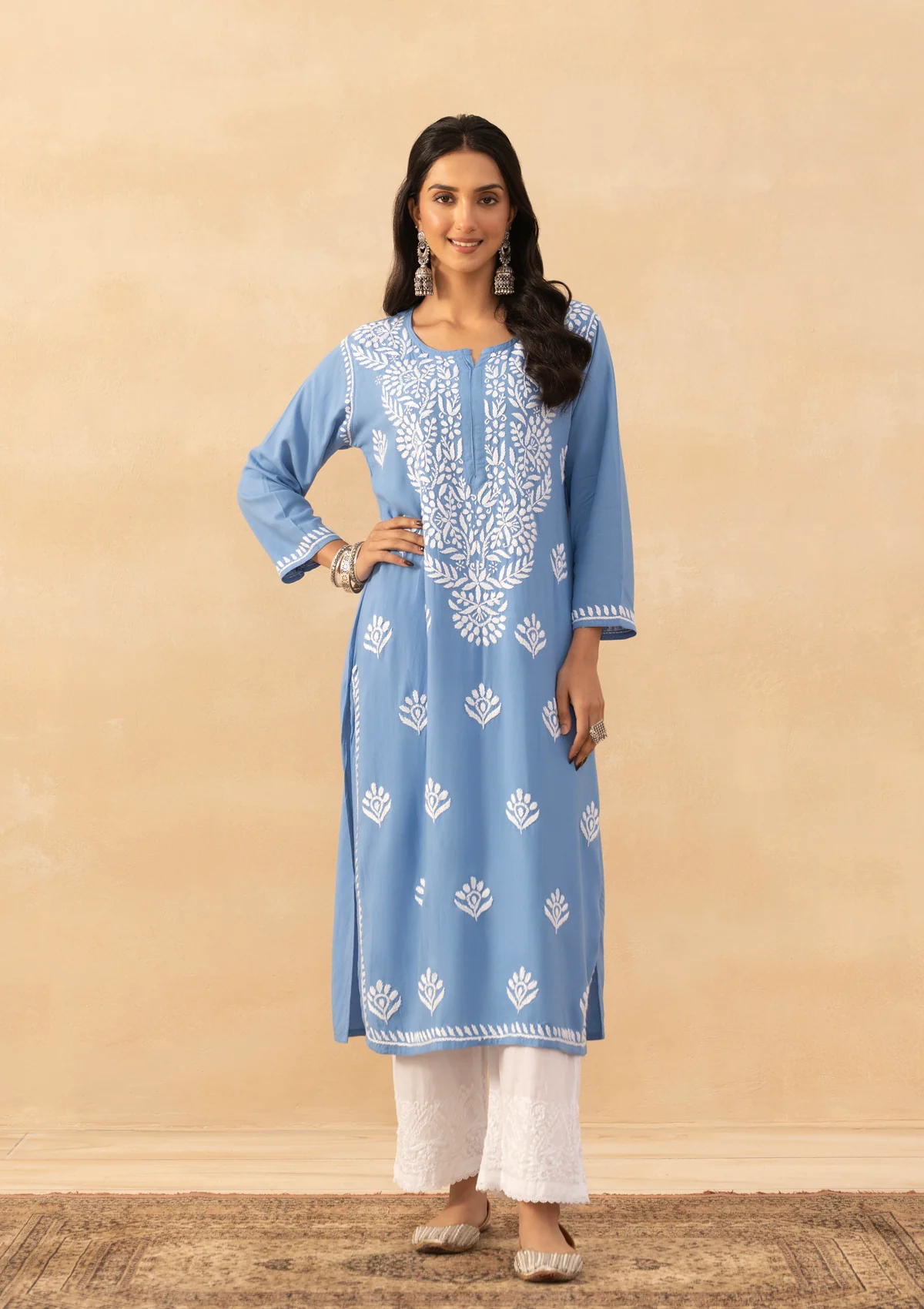 HOC Rayon Chikankari Solid Women's Long Kurta -Blue pastel