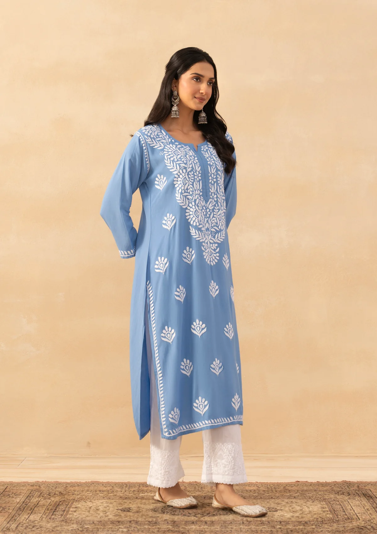 HOC Rayon Chikankari Solid Women's Long Kurta -Blue pastel - Image 4