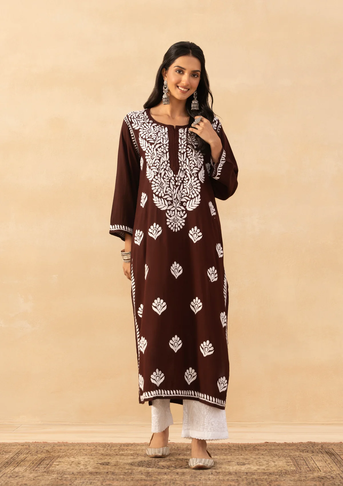 HOC Rayon Chikankari Solid Women's Long Kurta -Brown - Image 3
