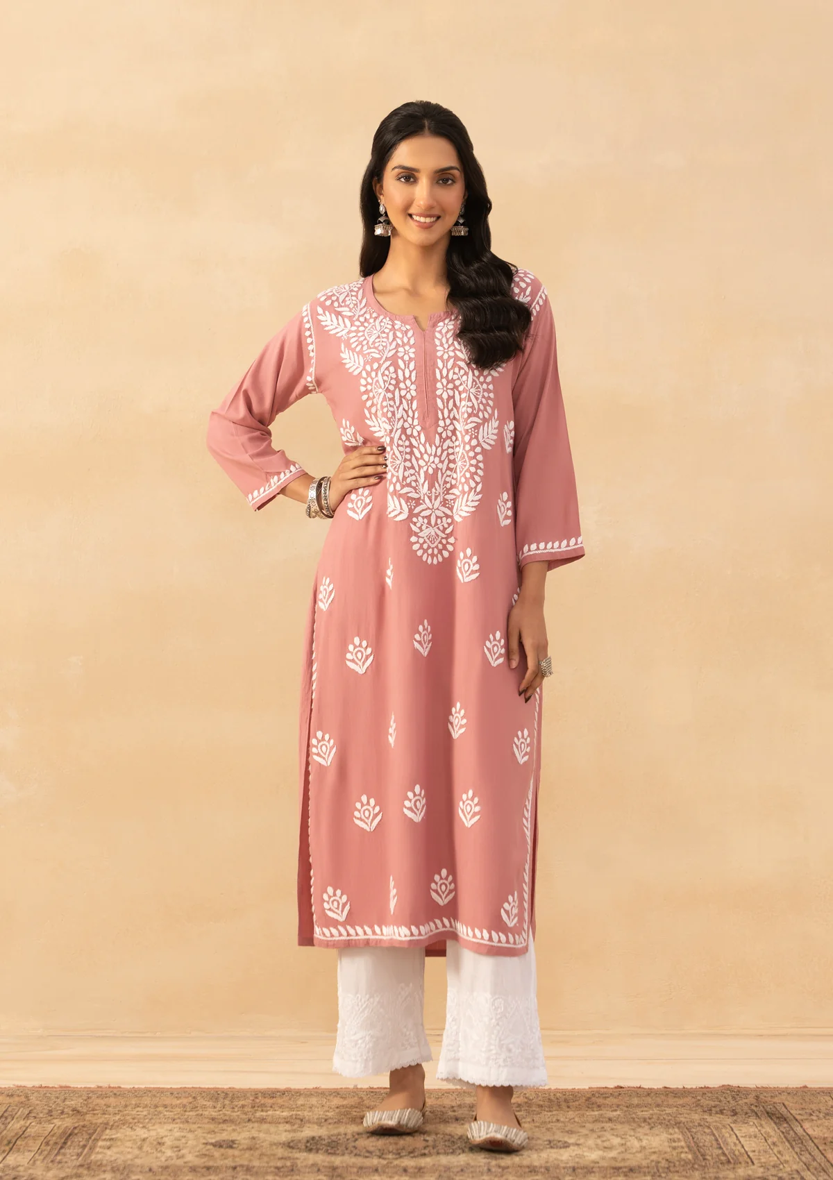 HOC Rayon Chikankari Solid Women's Long Kurta -Dust pink