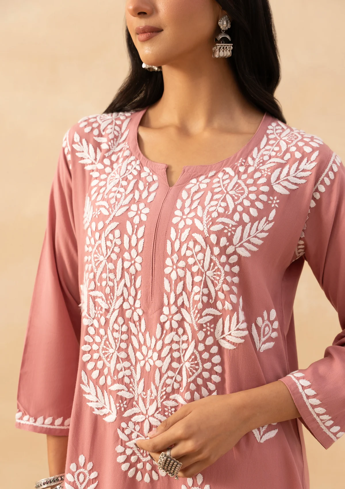 HOC Rayon Chikankari Solid Women's Long Kurta -Dust pink - Image 5