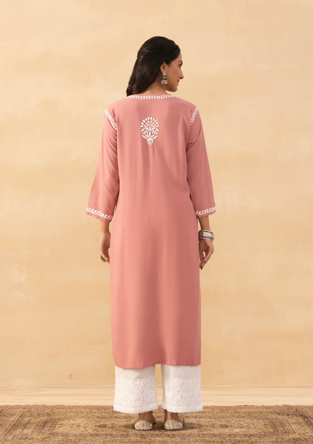 HOC Rayon Chikankari Solid Women's Long Kurta -Dust pink - Image 6