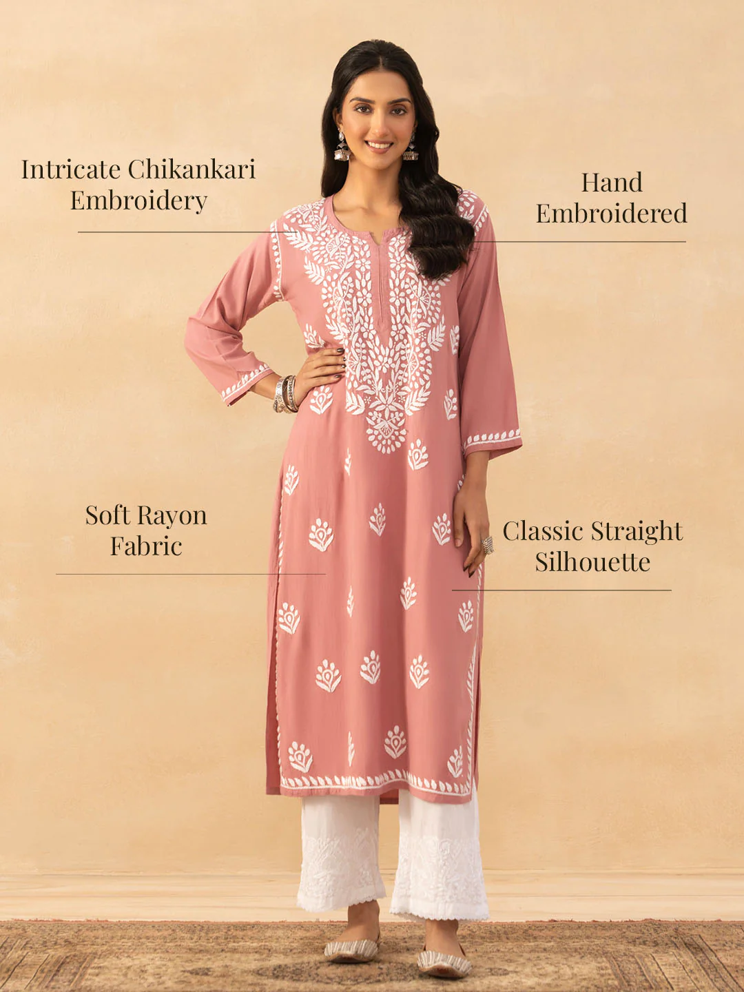 HOC Rayon Chikankari Solid Women's Long Kurta -Dust pink - Image 7