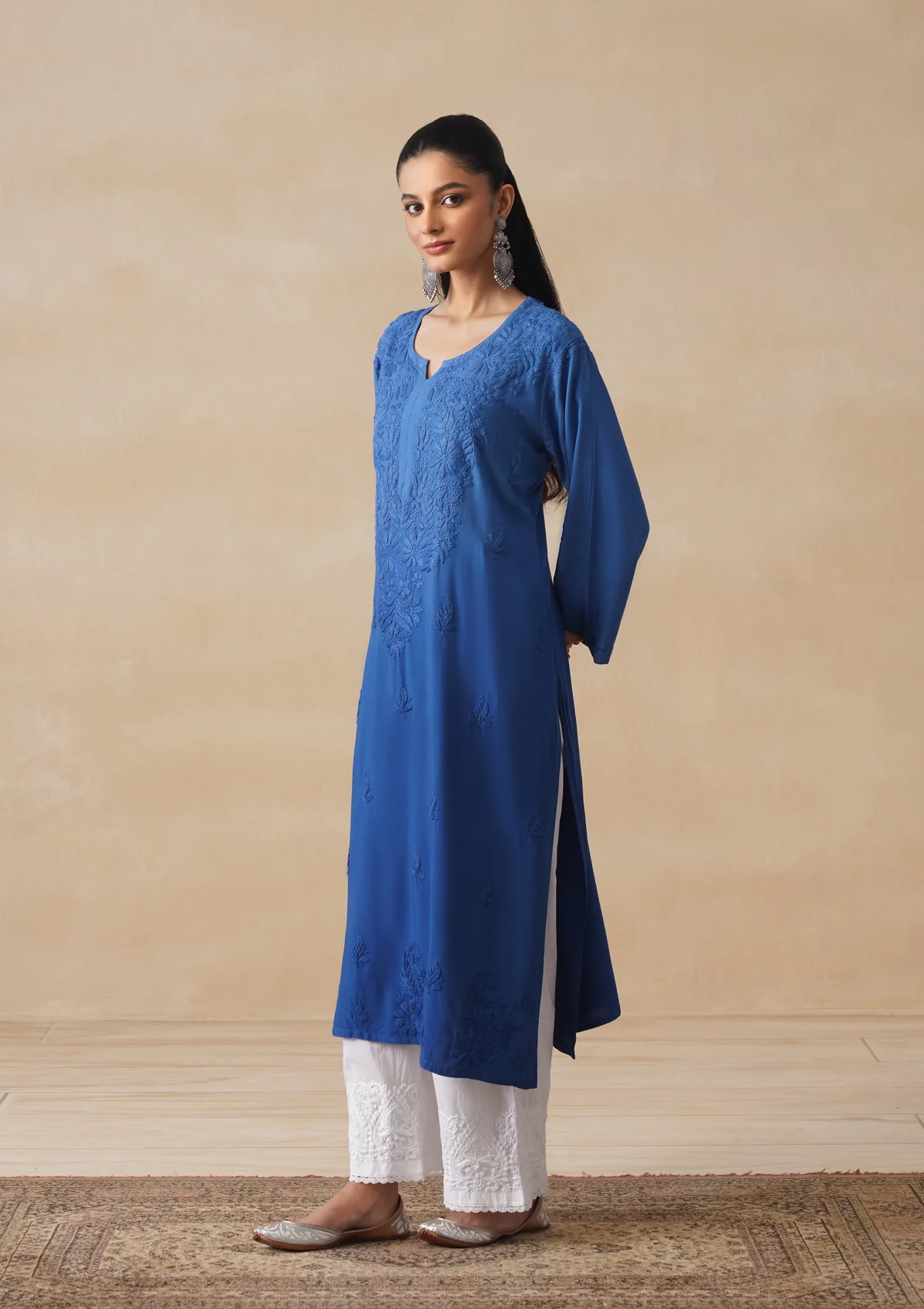 HOC Rayon Chikankari Solid Women's Long Kurta - Electric blue - Image 4