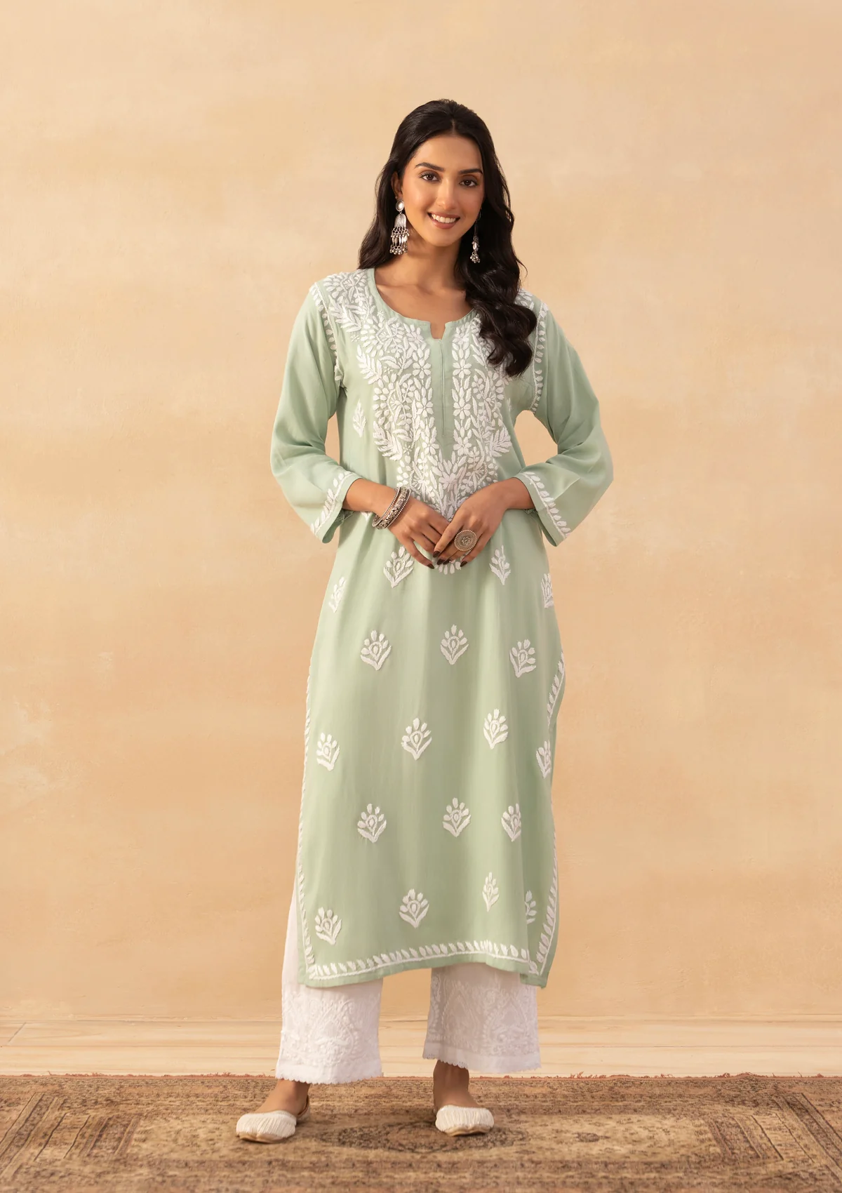 HOC Rayon Chikankari Solid Women's Long Kurta -Green pastel - Image 3