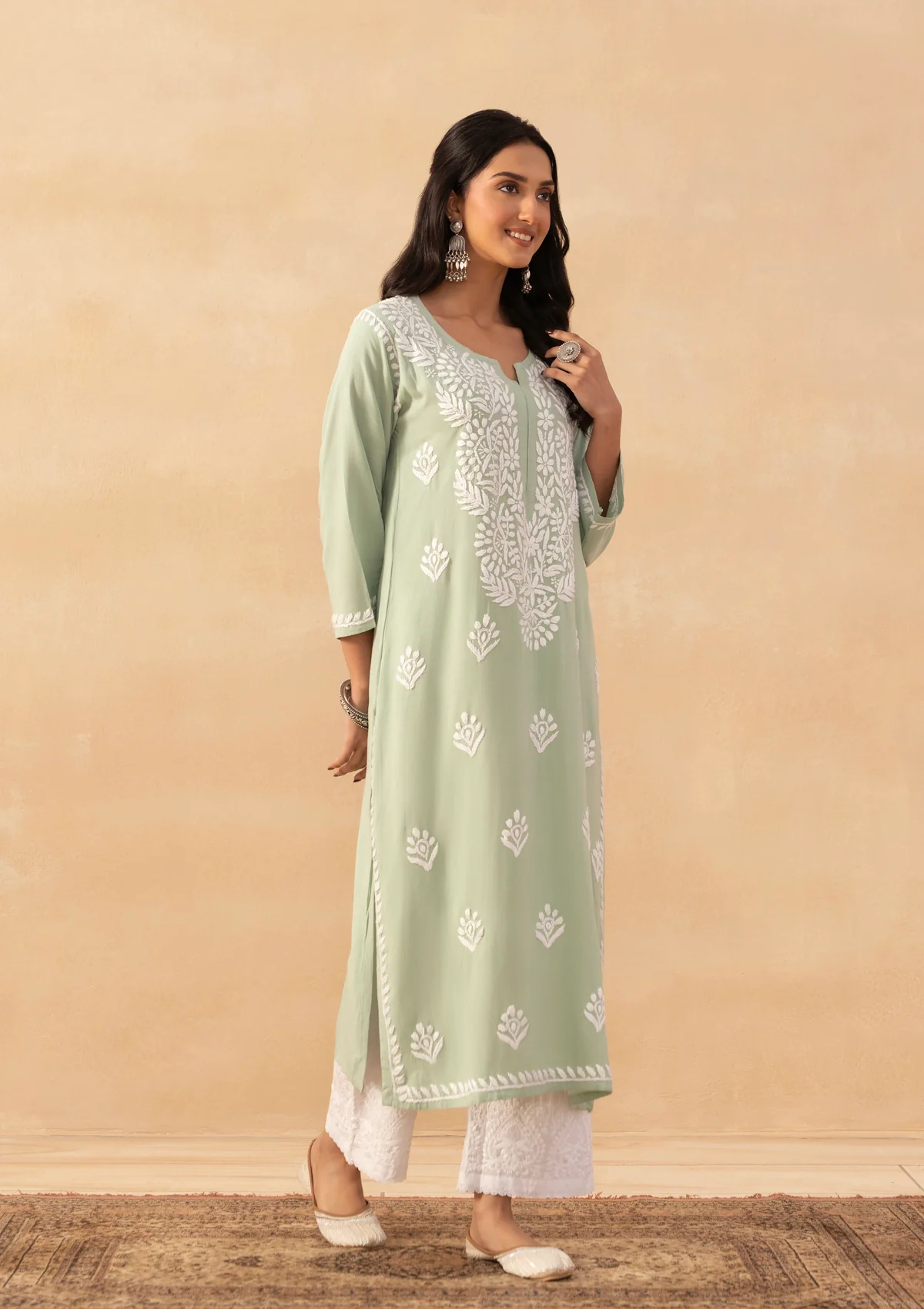 HOC Rayon Chikankari Solid Women's Long Kurta -Green pastel - Image 4