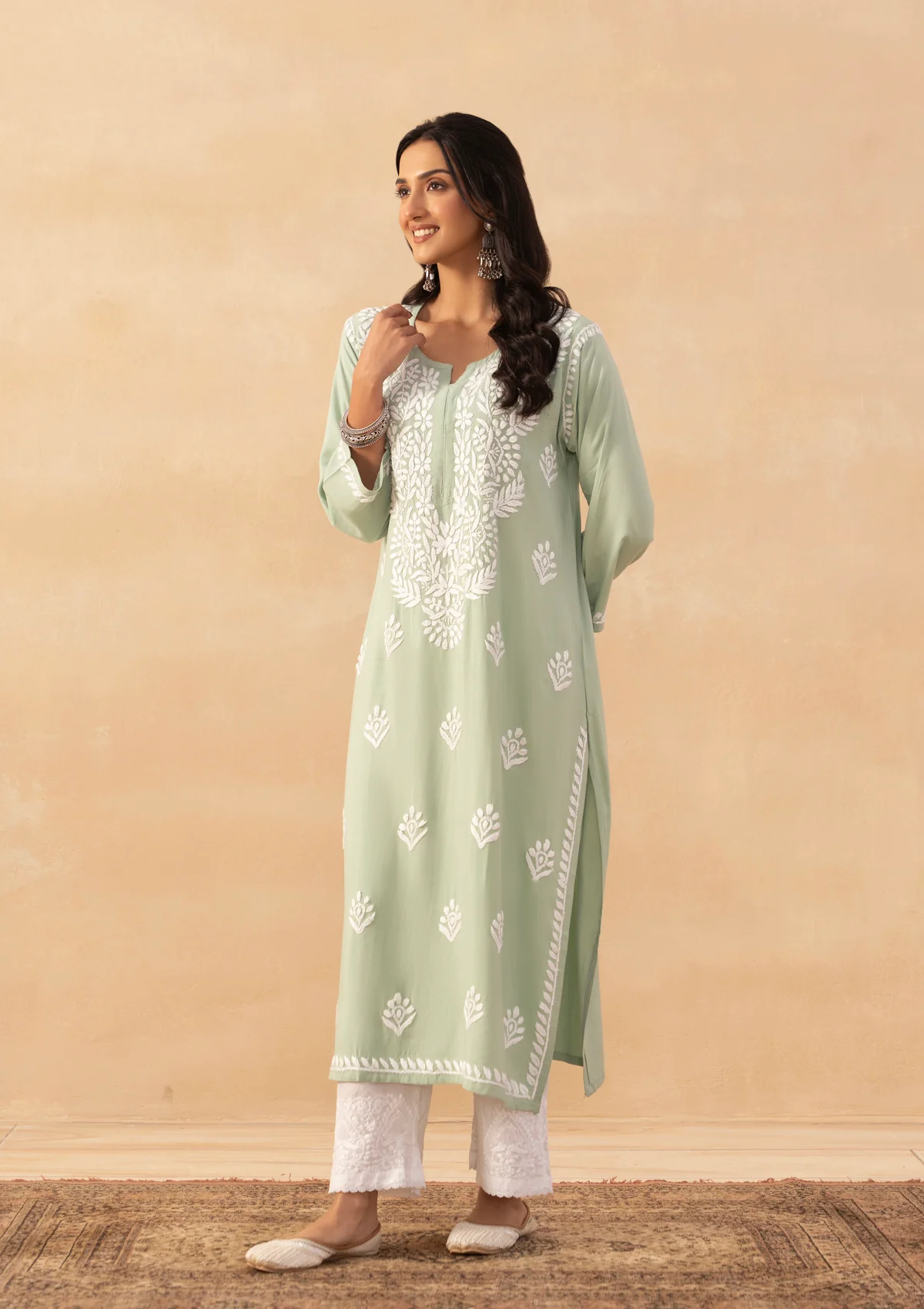 HOC Rayon Chikankari Solid Women's Long Kurta -Green pastel - Image 6