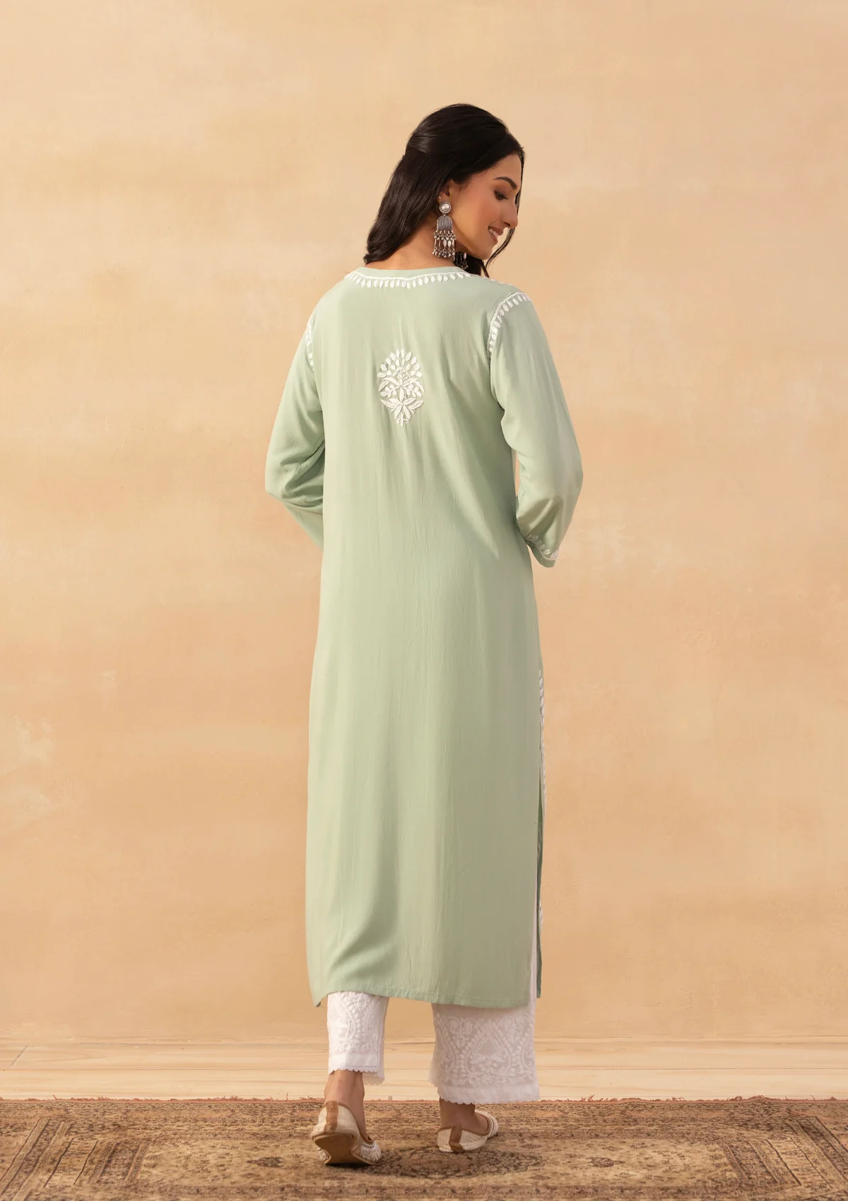 HOC Rayon Chikankari Solid Women's Long Kurta -Green pastel - Image 7