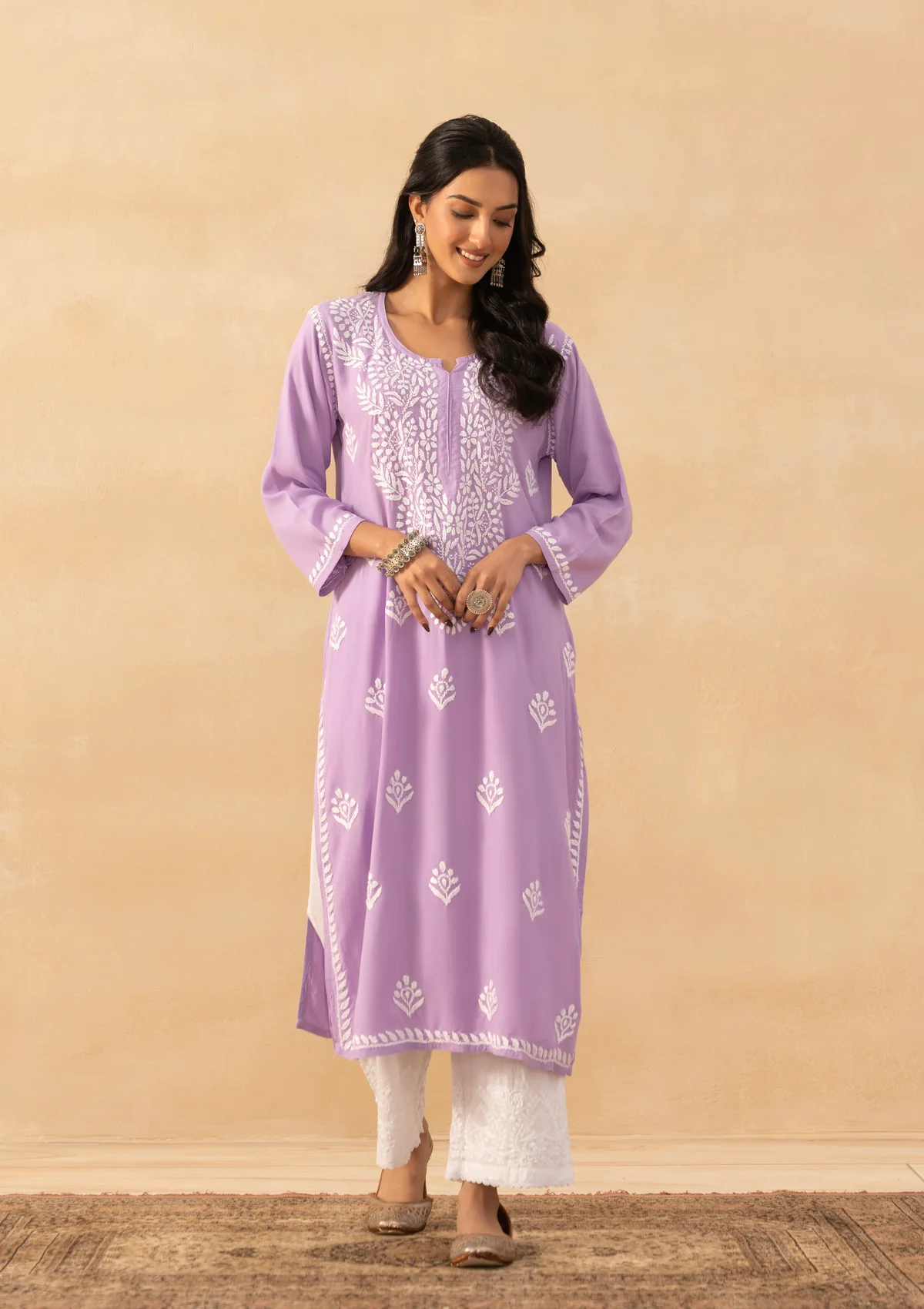 HOC Rayon Chikankari Solid Women's Long Kurta -Lavender - Image 3